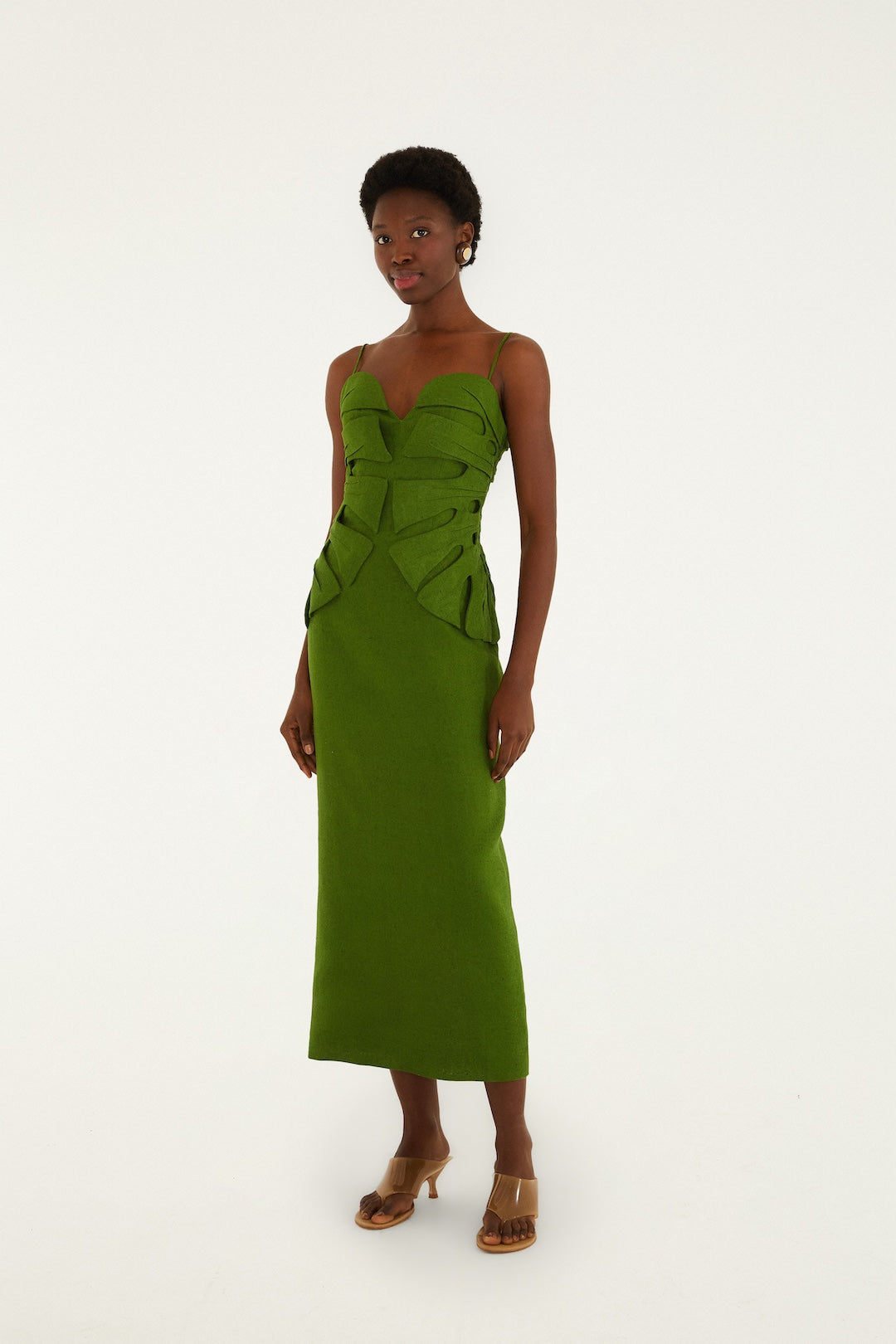 GREEN MONSTERA LEAF SLEEVELESS MAXI DRESS