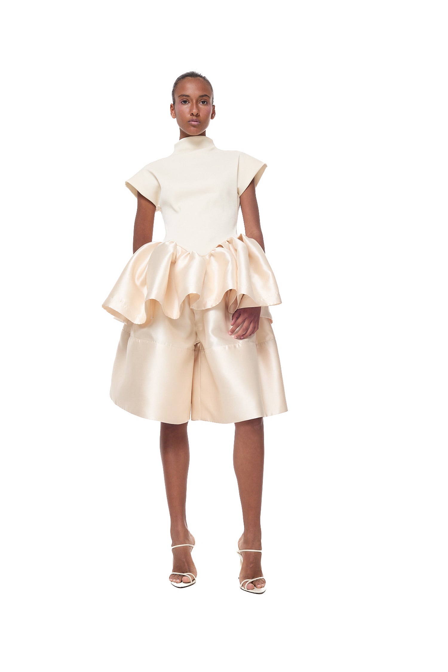 HEAVY SATIN CAP SLEEVE TOP WITH PEPLUM