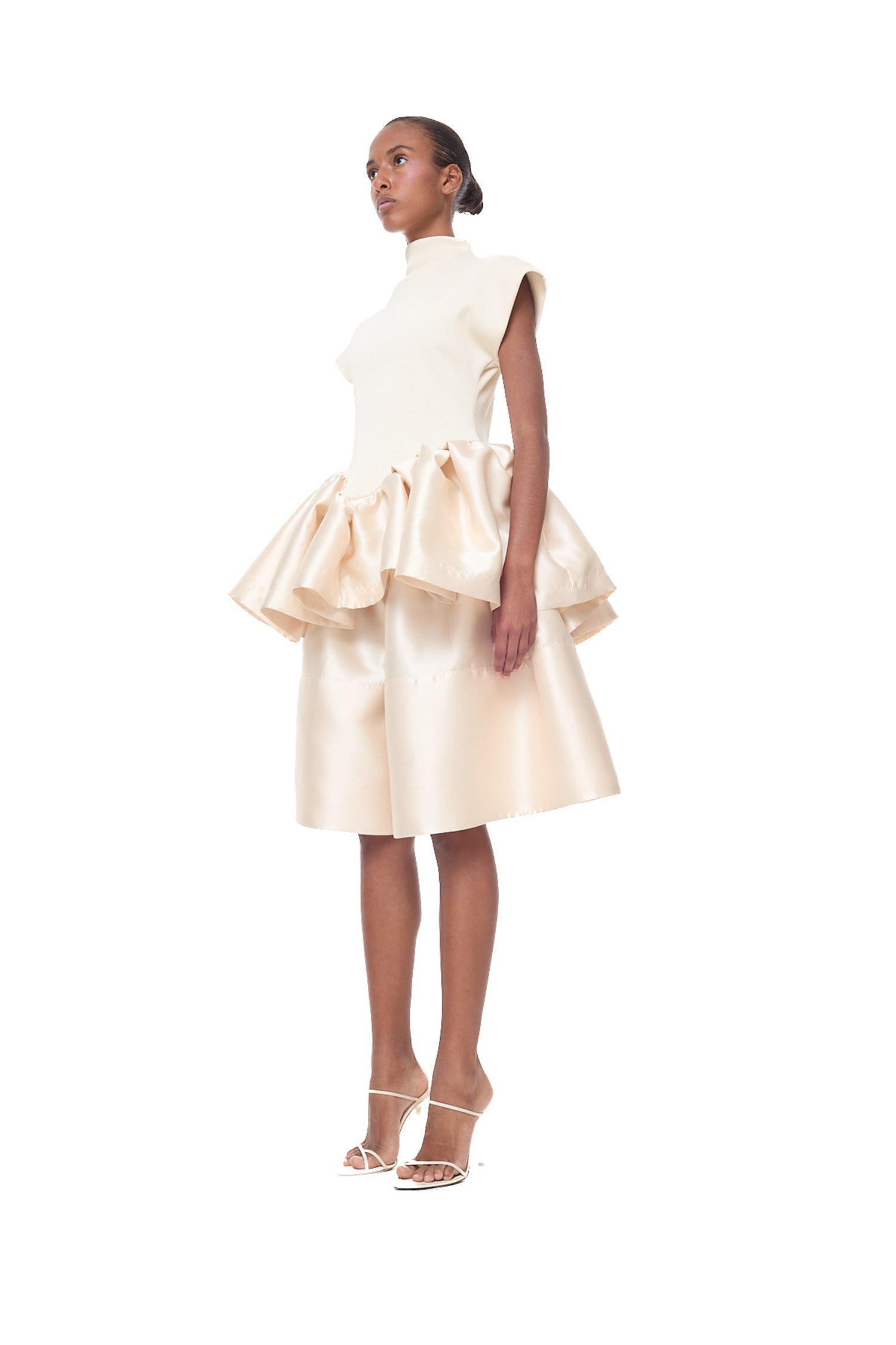 HEAVY SATIN CAP SLEEVE TOP WITH PEPLUM