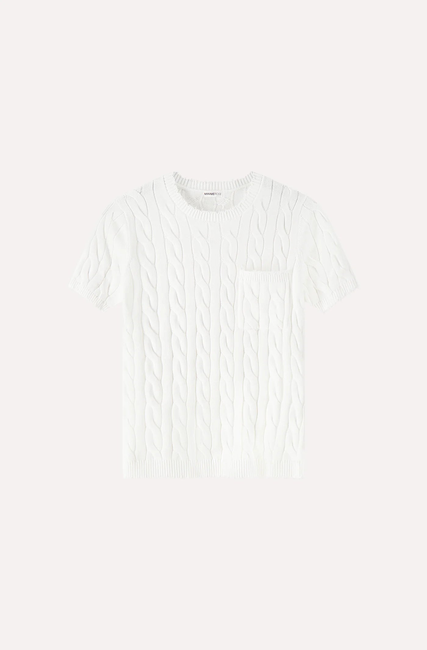 Minnie Rose Frayed Cable S/S Tee w/ Pocket - White
