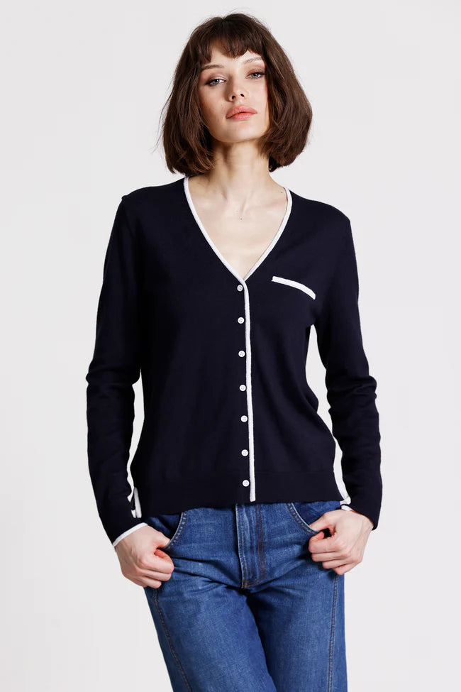 Minnie Rose V Neck L/S Cardigan w/ Tipping