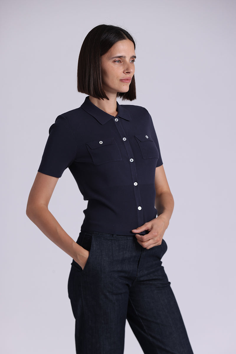 9797 Viscose Short Sleeve Collard Shirt With Pockets