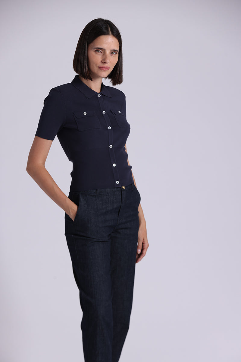 9797 Viscose Short Sleeve Collard Shirt With Pockets