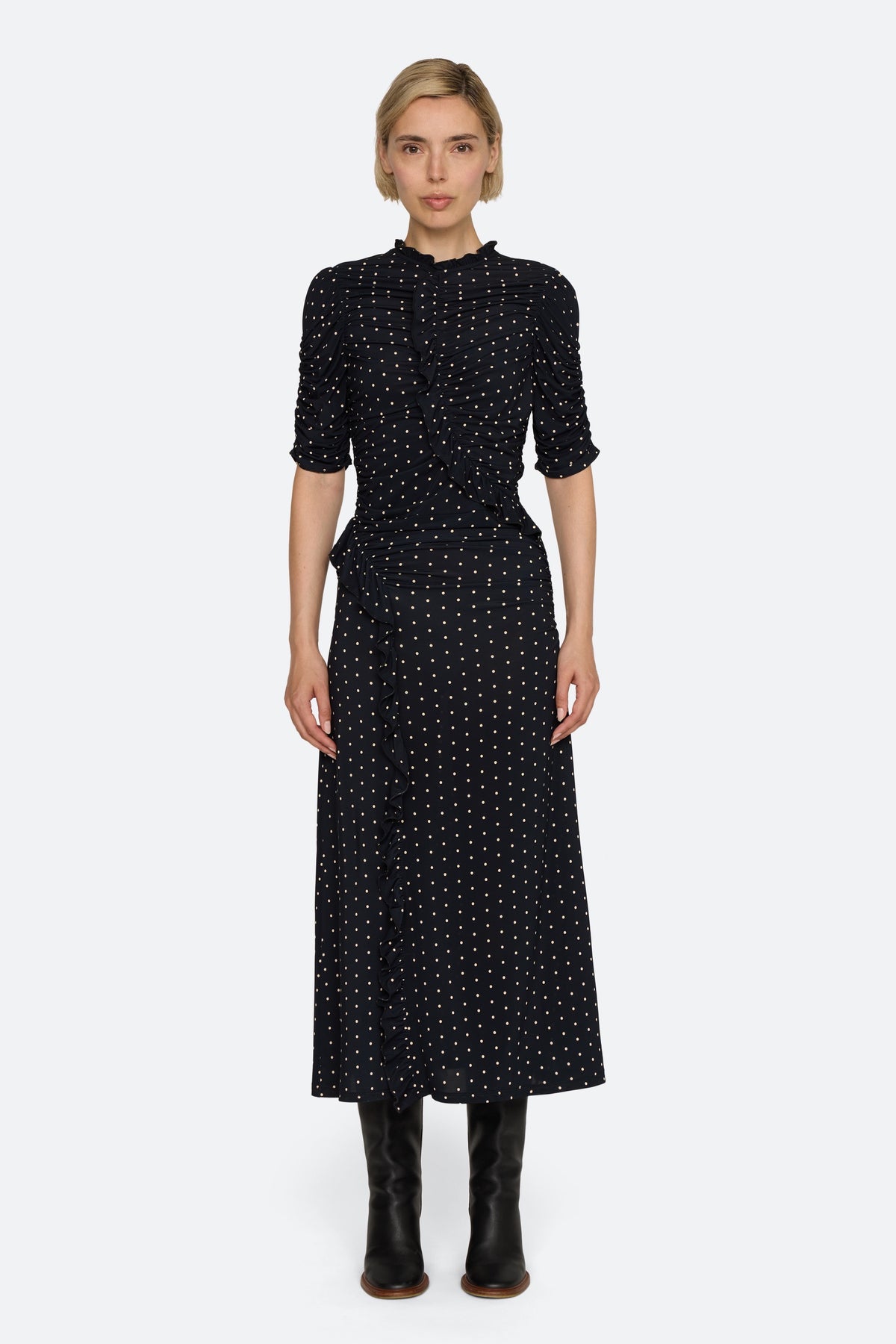 JEANNE POLKA DOT PRINT RUCHED MIDI DRESS (D1)
