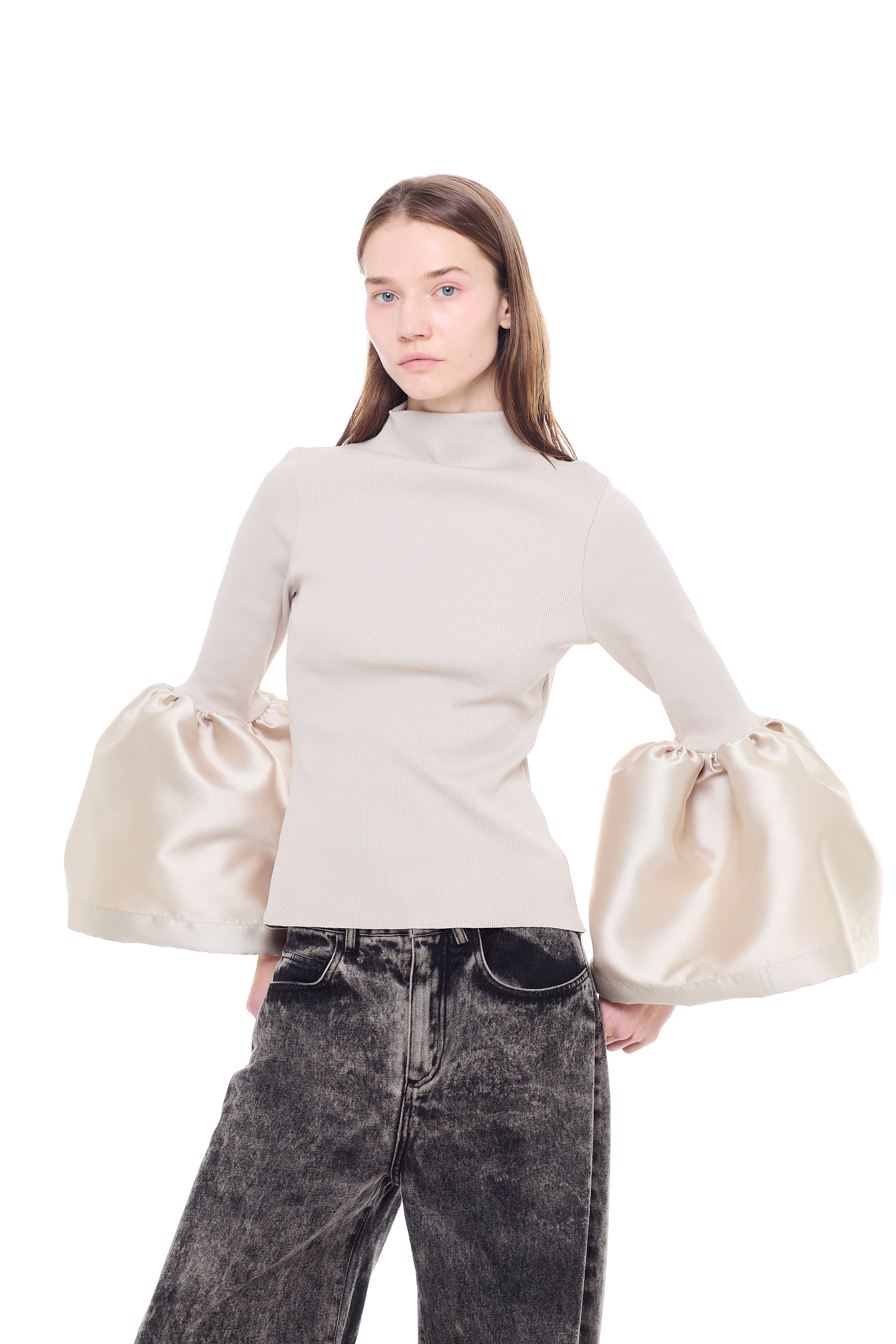 HEAVY SATIN TURTLENECK PUFF SLEEVE TOP