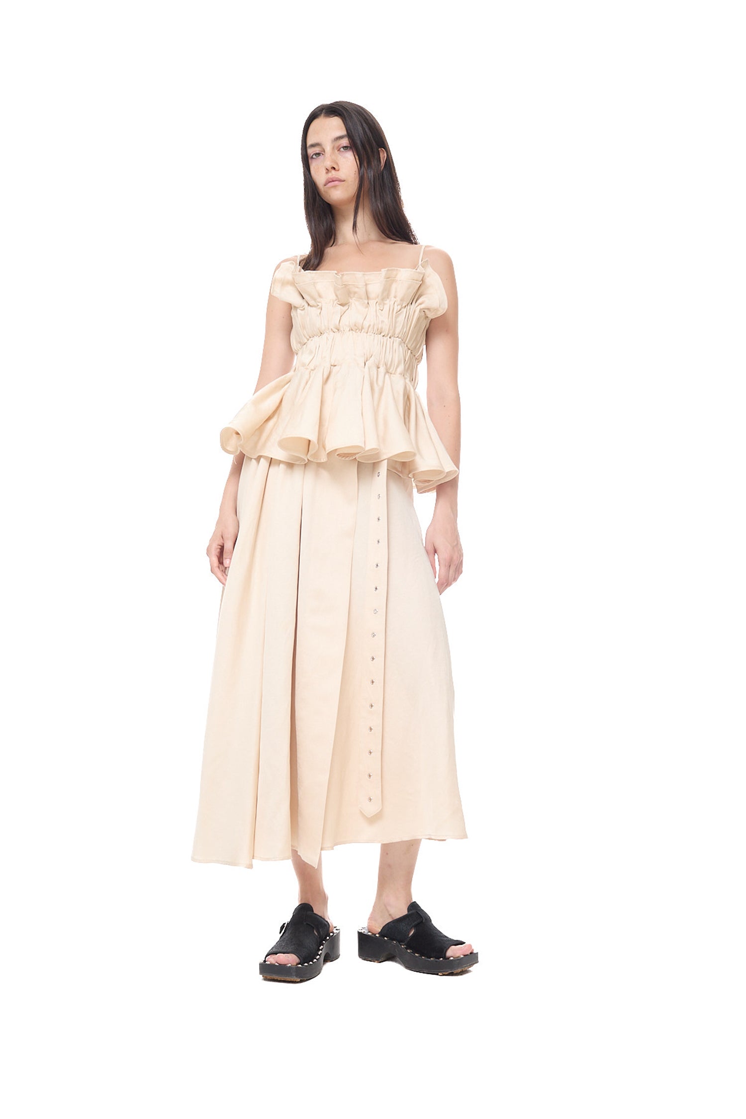SATIN LINEN GATHERED WRAP MIDI SKIRT