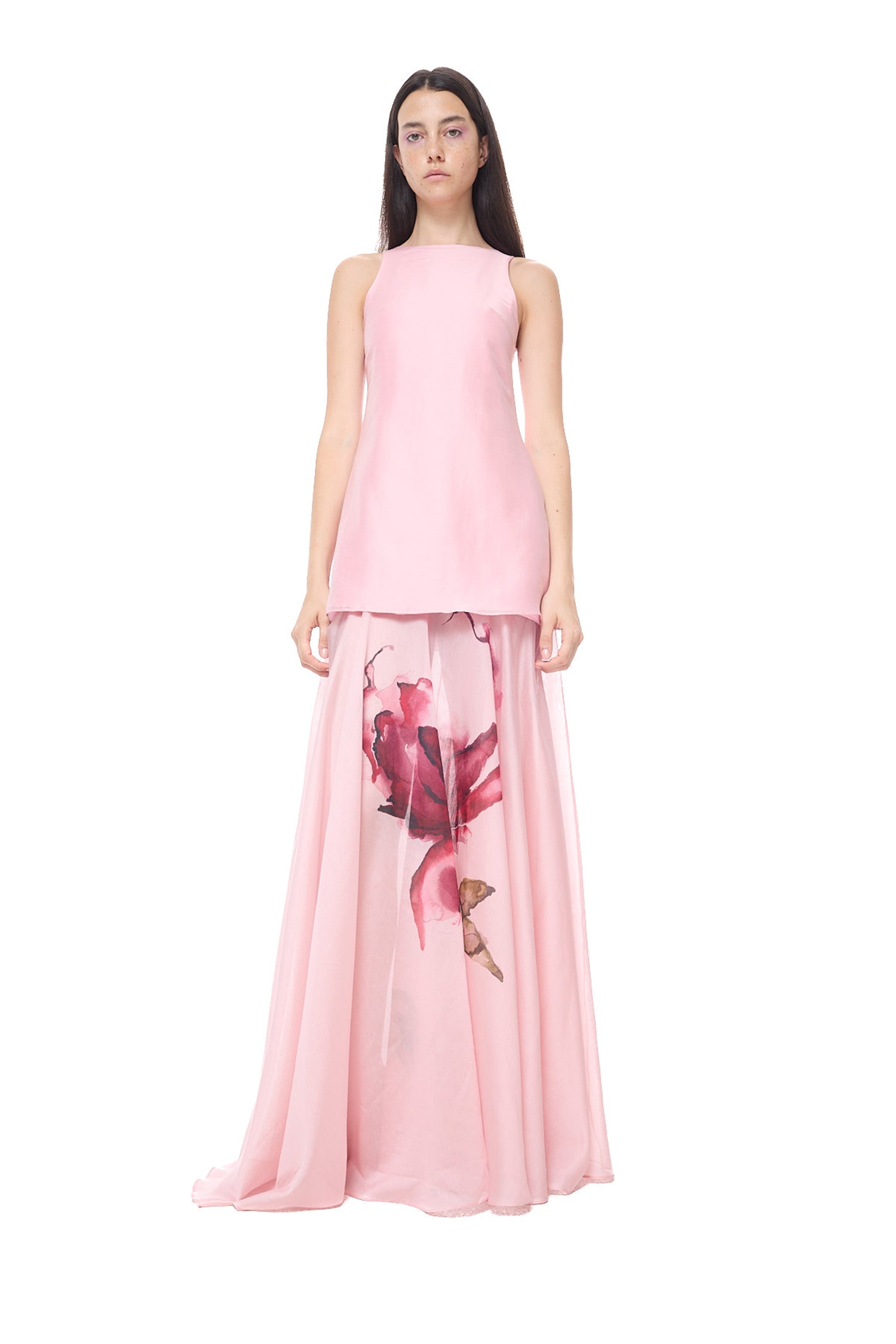 WATERCOLOR FLOWER PRINTED HALTER NECK LONG DRESS
