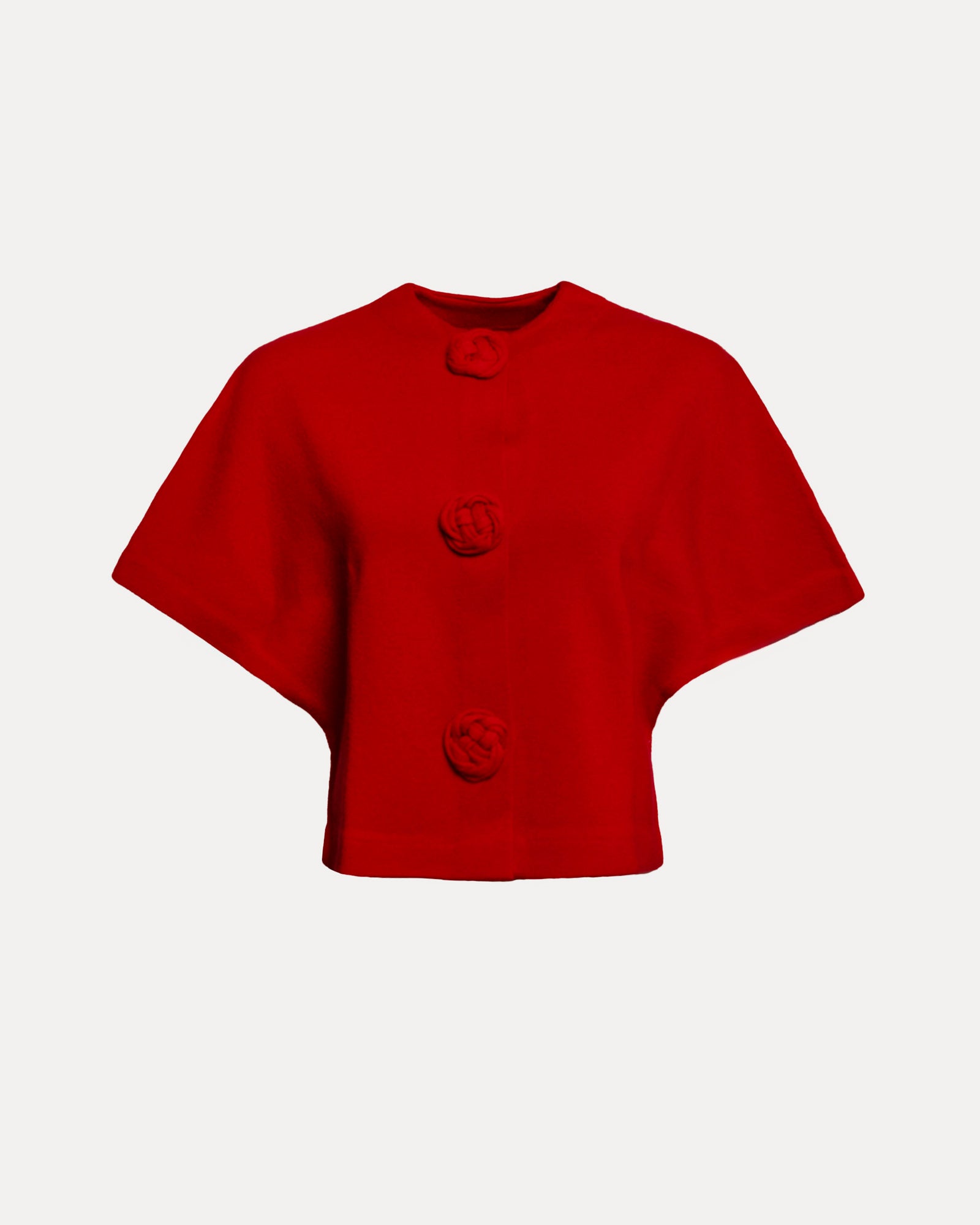 Carnegie Shrug Solid w/Floral Button 100% Merino Wool Red