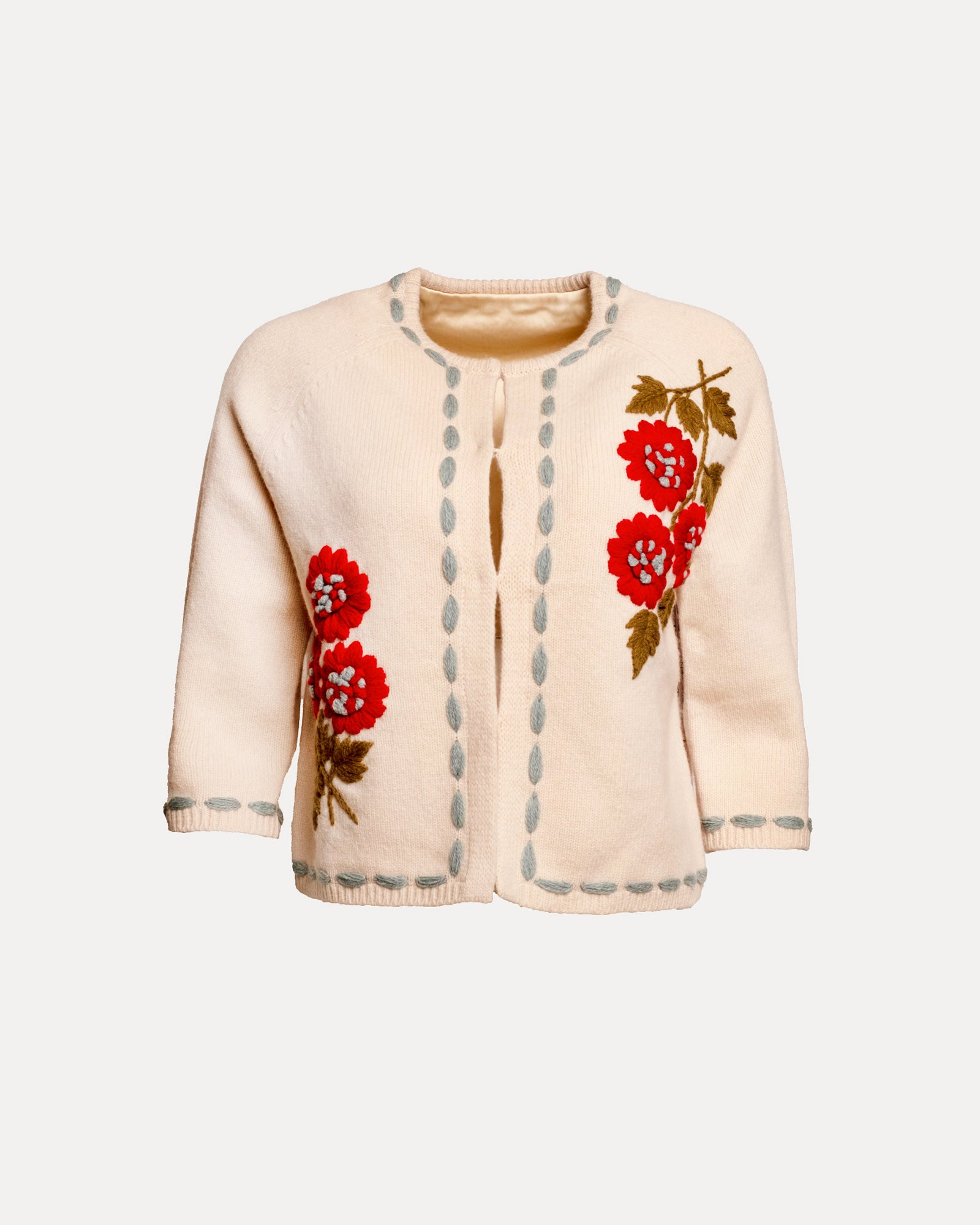 Blanket Stitch Border Cardi Coat Floating Floral 100% Lambswool Natural/Red/Light Blue