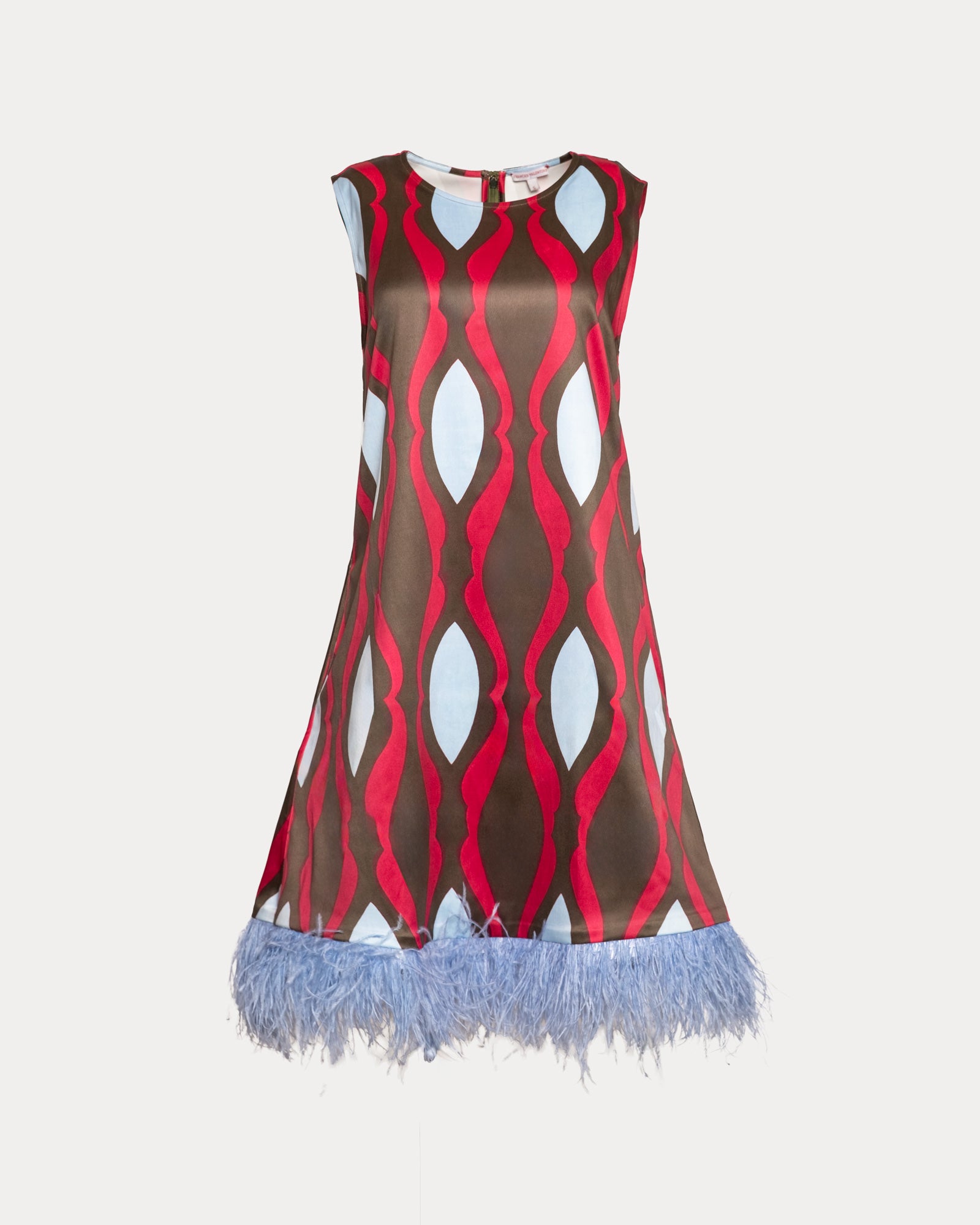 Darcy Shift Dress w/Feathers Lava Geo Dutch Satin Red/Olive/Light Blue