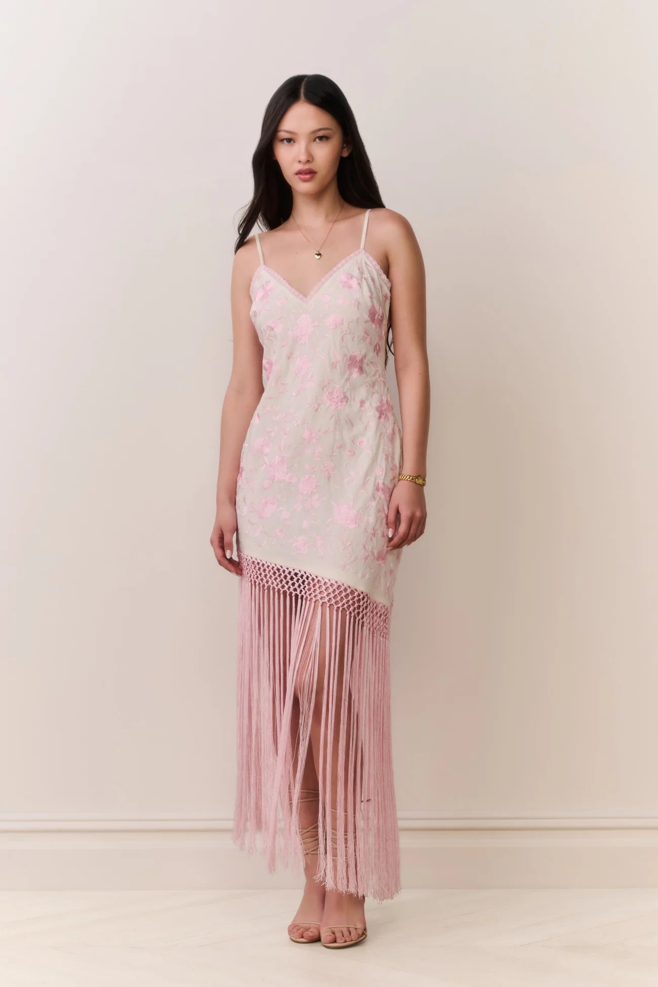 LoveShackFancy Evalette Floral Fringe Maxi Dress