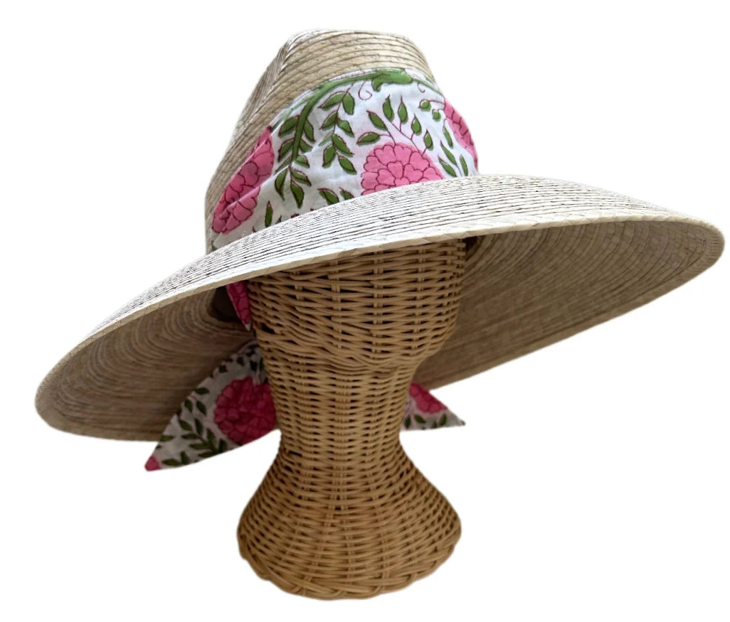 Sarah Bray Hollyhock Sun Hat - Pink Marigold Block Print Scarf