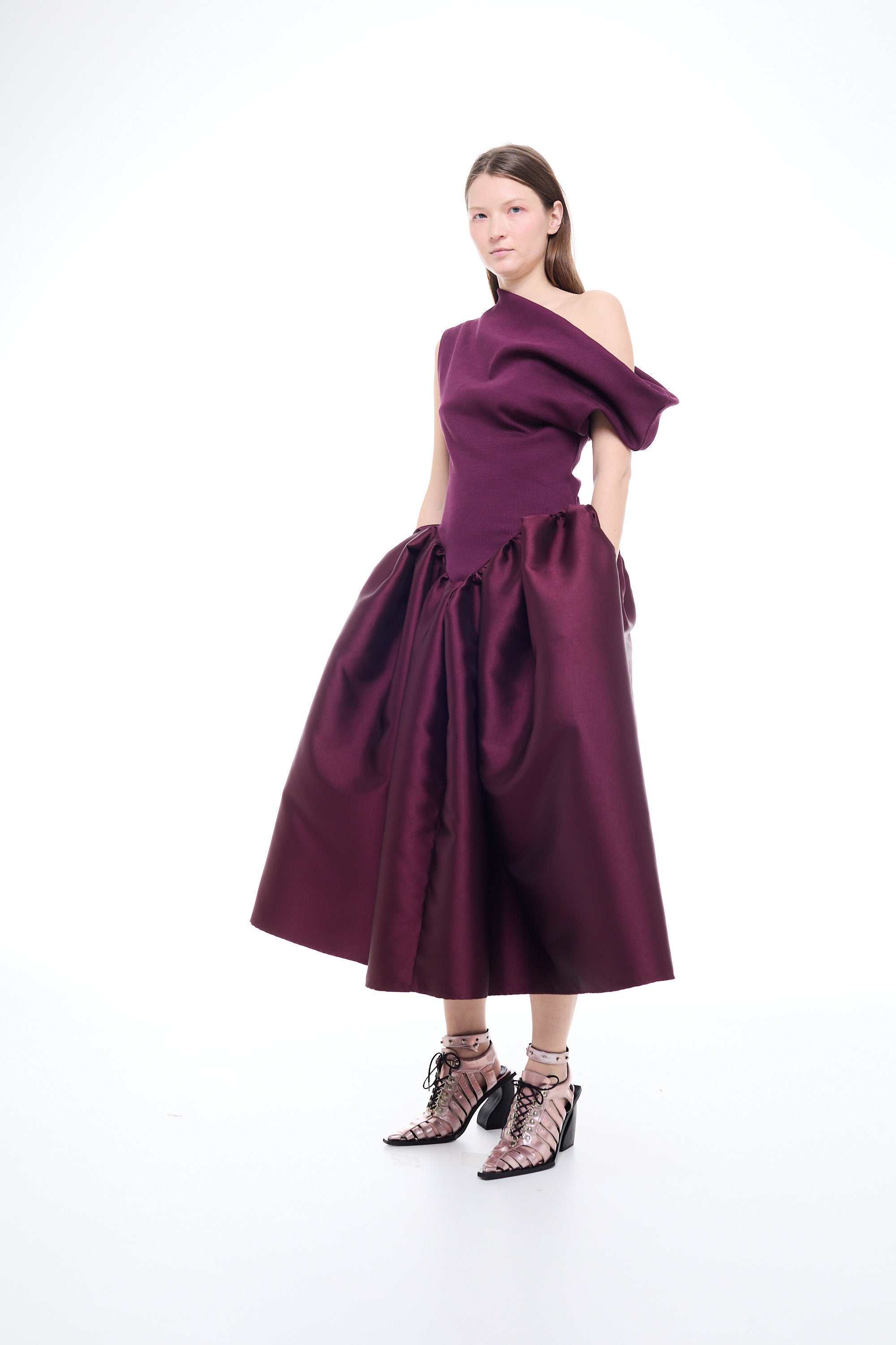 HEAVY SATIN OFF SHOULDER PRINCESS MIDI DRESS