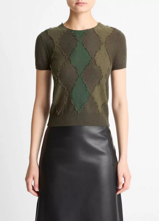 Vince Hand Cut Argyle S/S Sweater