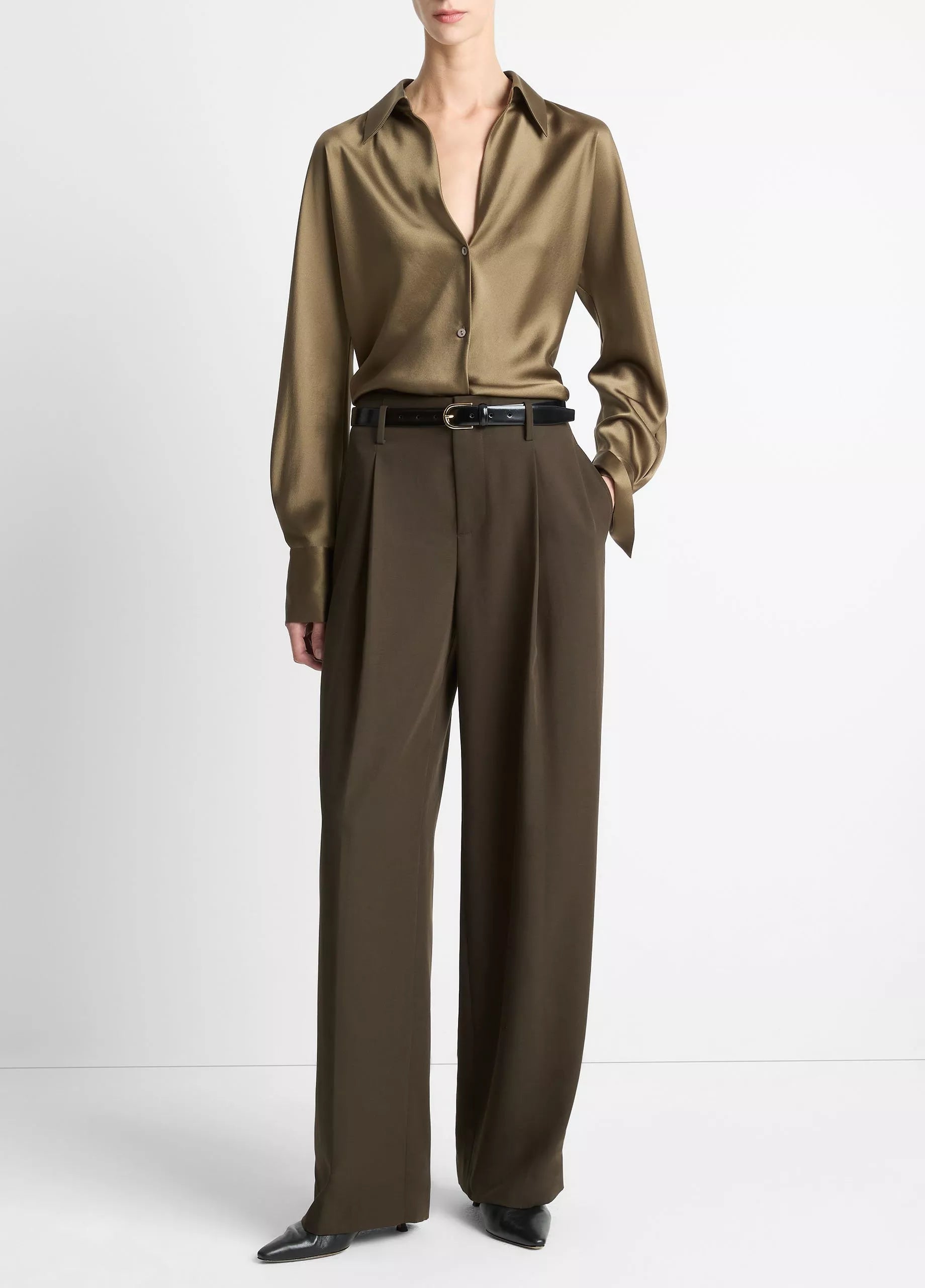 Vince High Waist Pleated Trouser - Verde