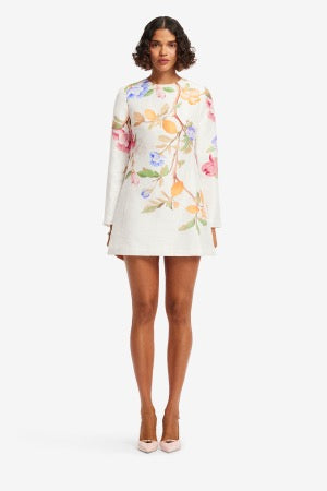 Aliza Long Sleeve Mini Dress - Lemon Vine Print in Snow