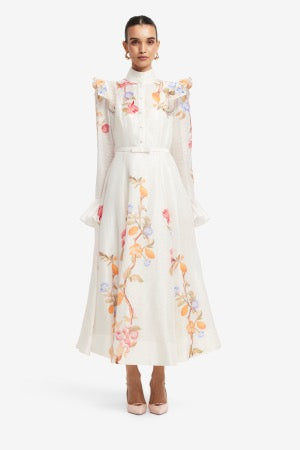 Selina Butterfly Sleeve Midi Dress - Lemon Vine Print in Snow