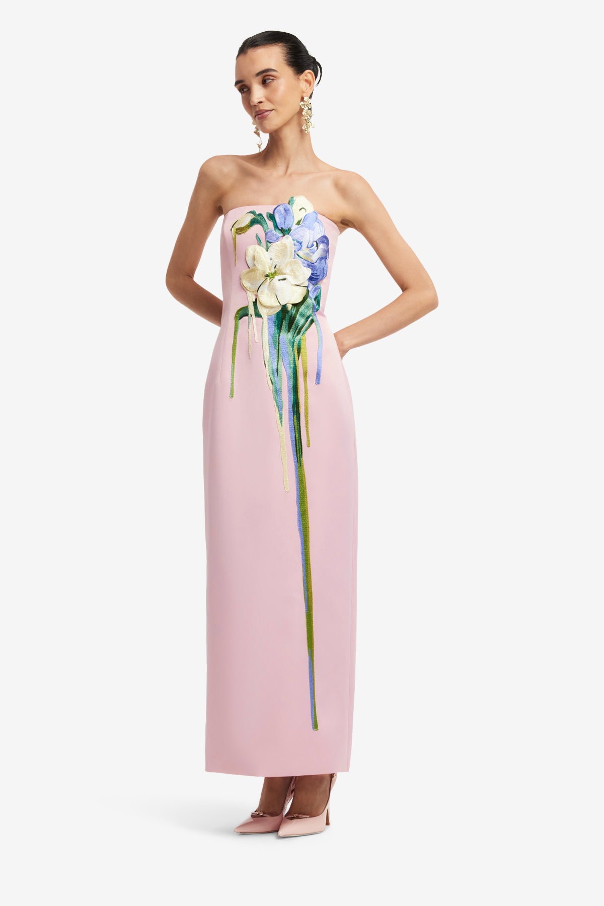 Rayna Embroidered Bustier Maxi Dress - Bouquet Print in Pastel Pink