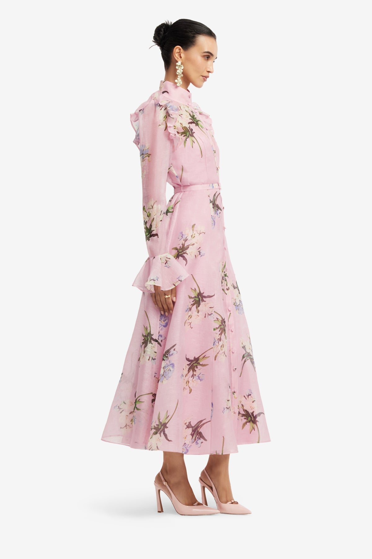 Katrina Butterfly Sleeve Midi Dress - Bouquet Print in Pastel Pink