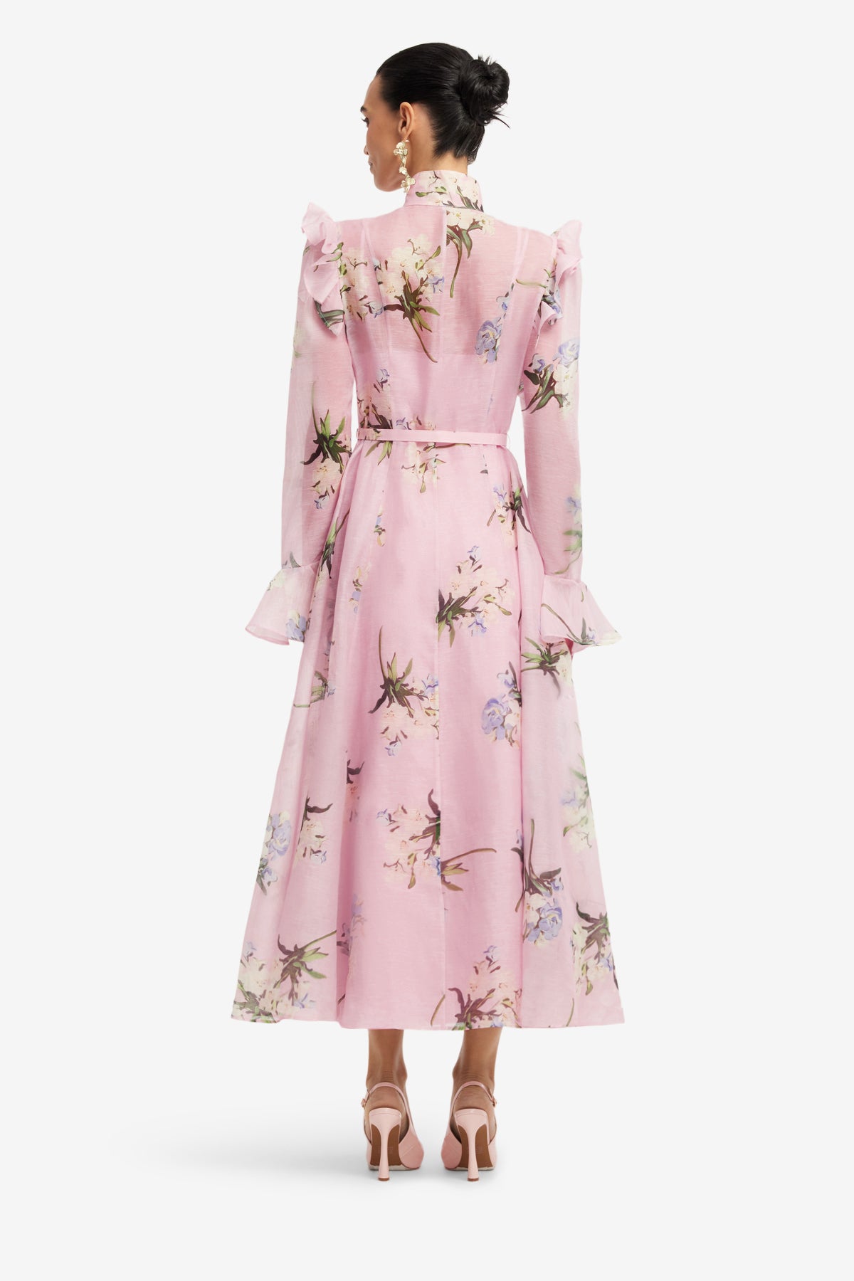 Katrina Butterfly Sleeve Midi Dress - Bouquet Print in Pastel Pink