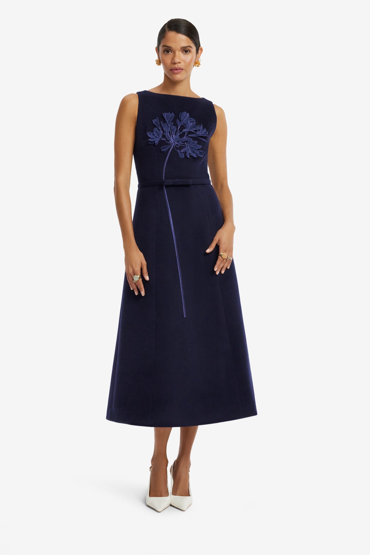 Cleo Applique Wool Sleeveless Midi Dress - Midnight
