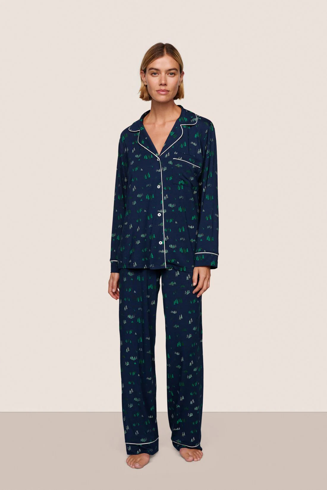Eberjey Gisele Printed Long PJ Set - Forest Pine Navy/Ivory