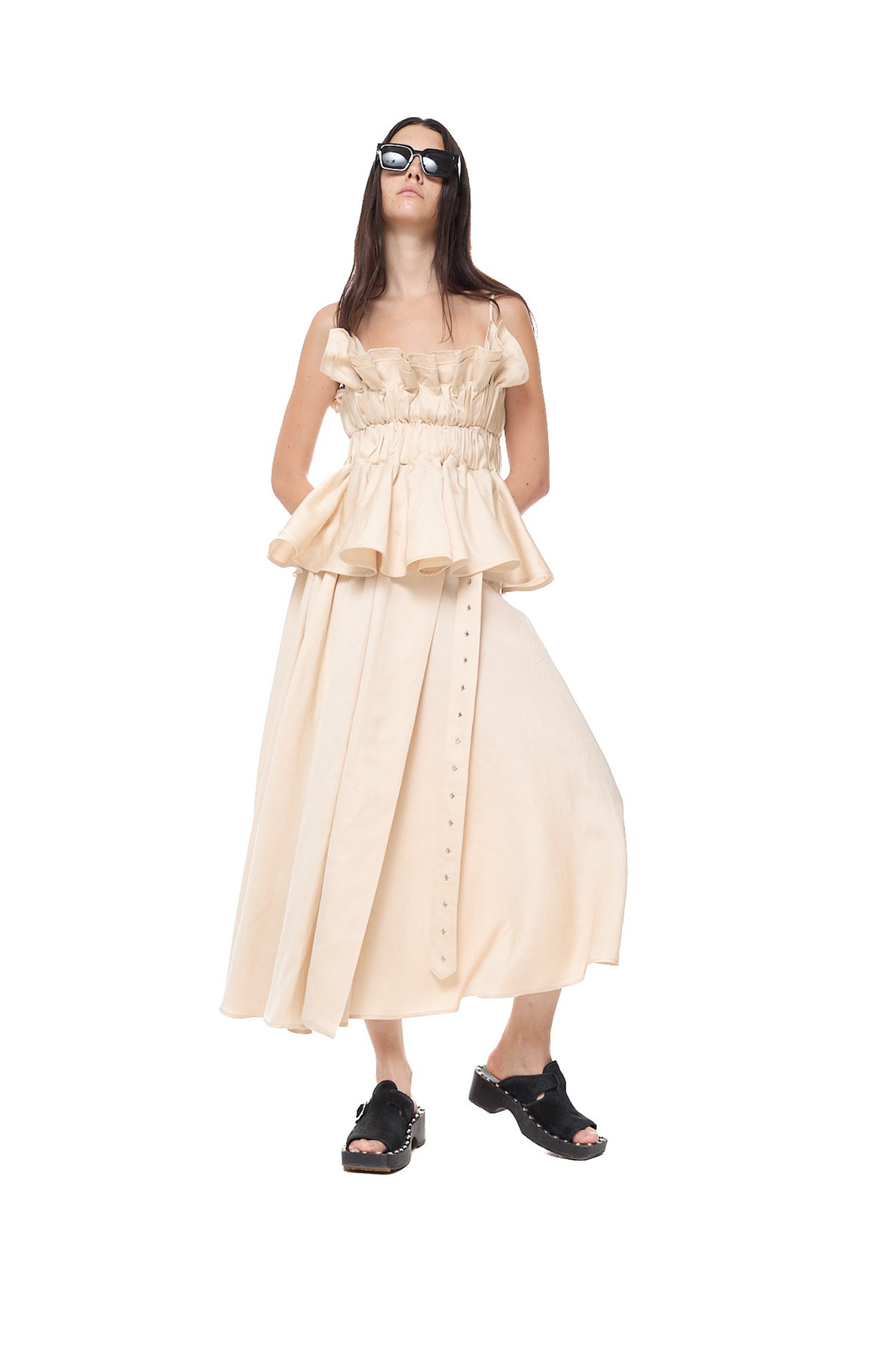 SATIN LINEN GATHERED WRAP MIDI SKIRT