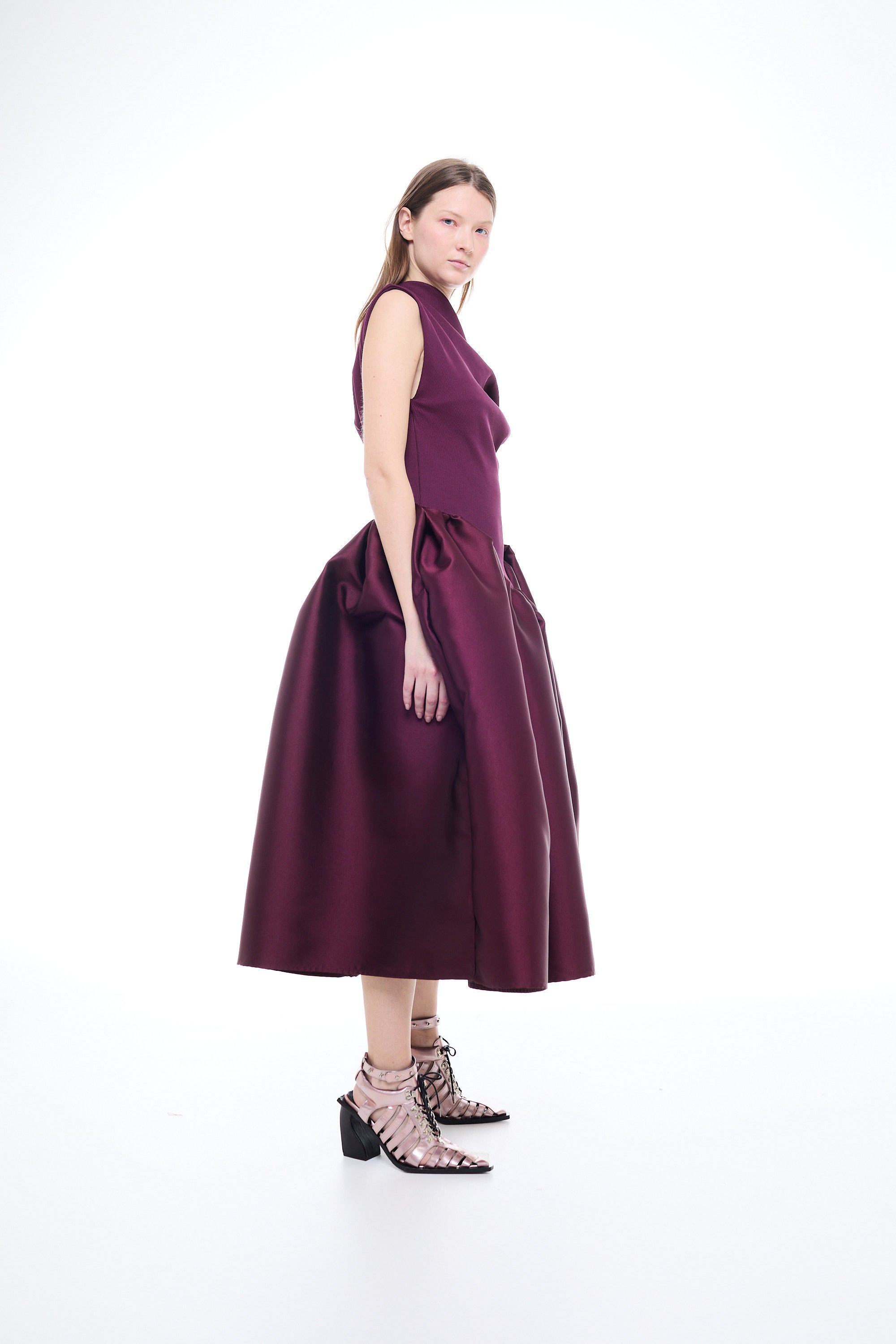 HEAVY SATIN OFF SHOULDER PRINCESS MIDI DRESS