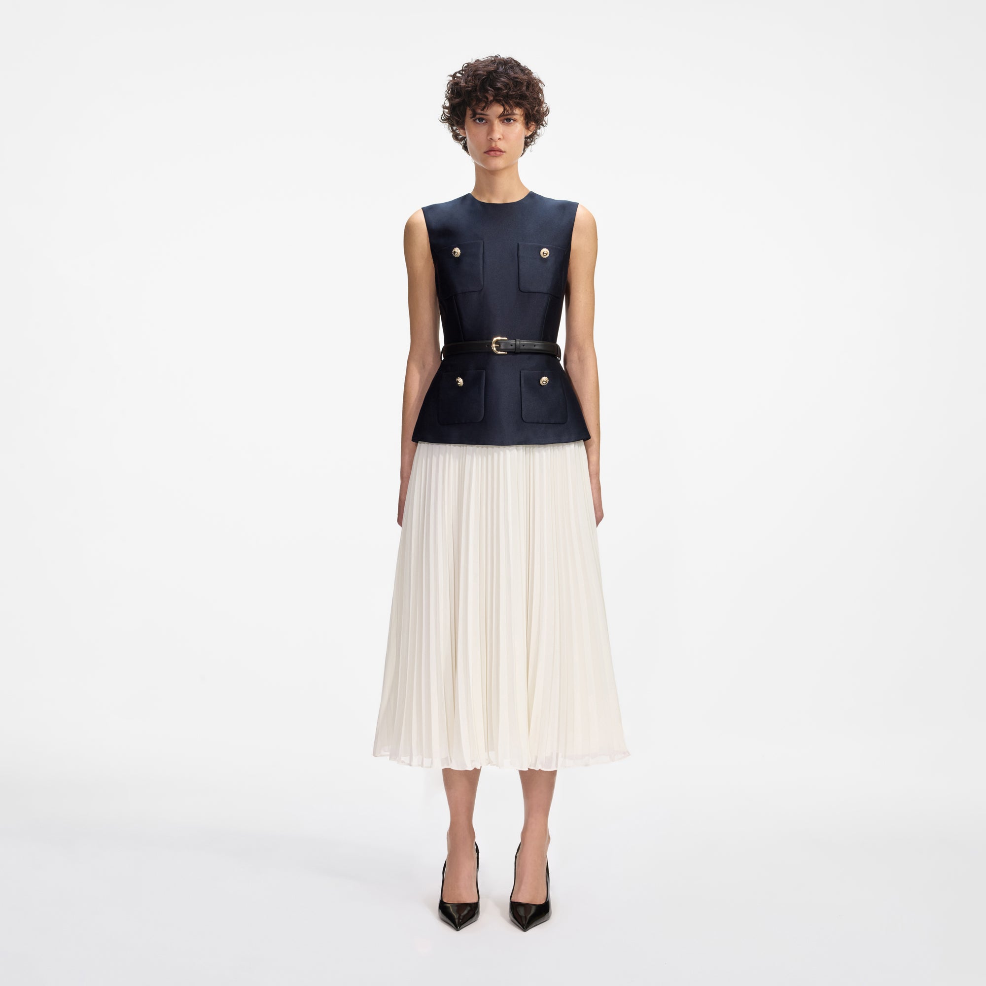 Self-Portrait Navy Taffeta Midi Dress
