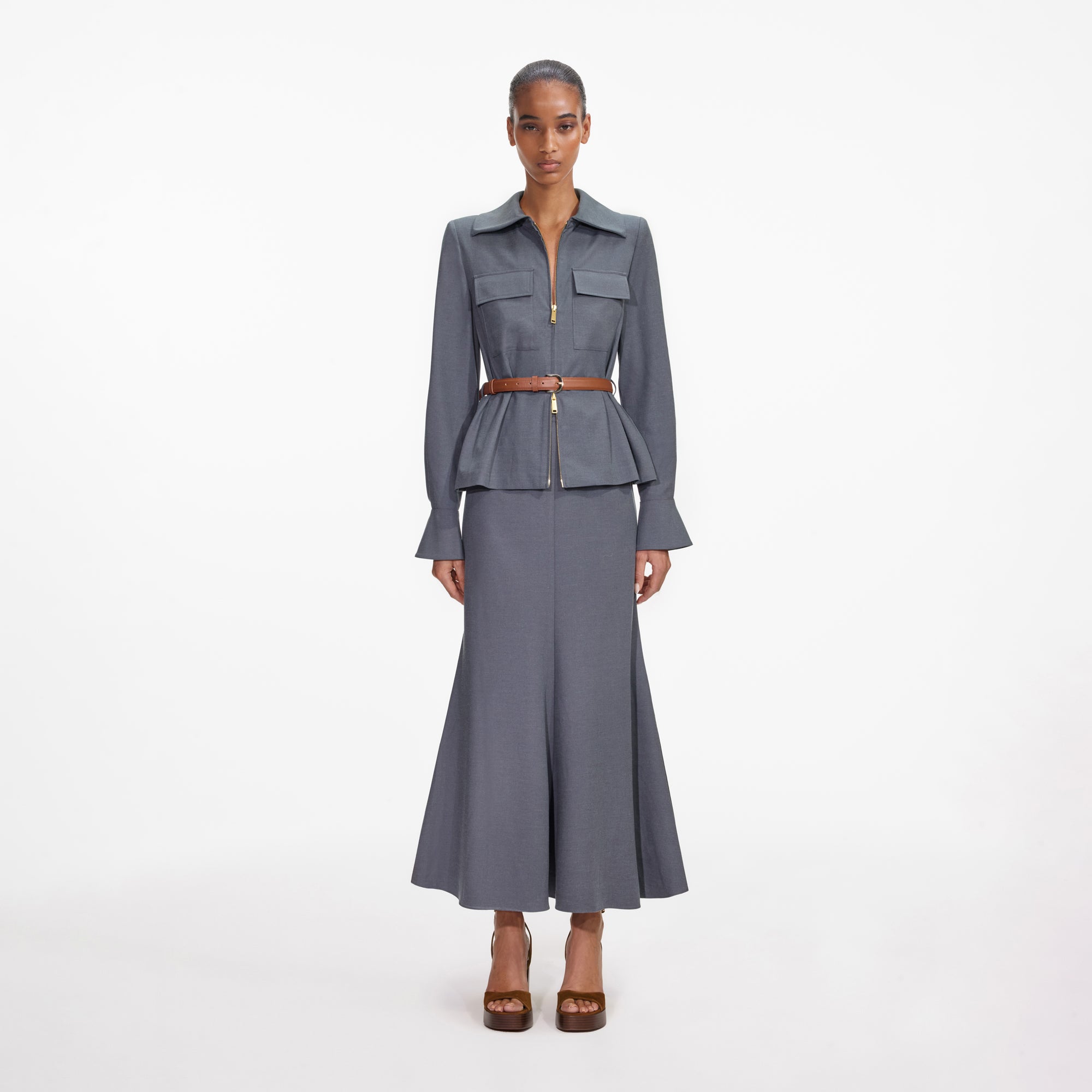 Self-Portrait Grey Twill Midi Dress