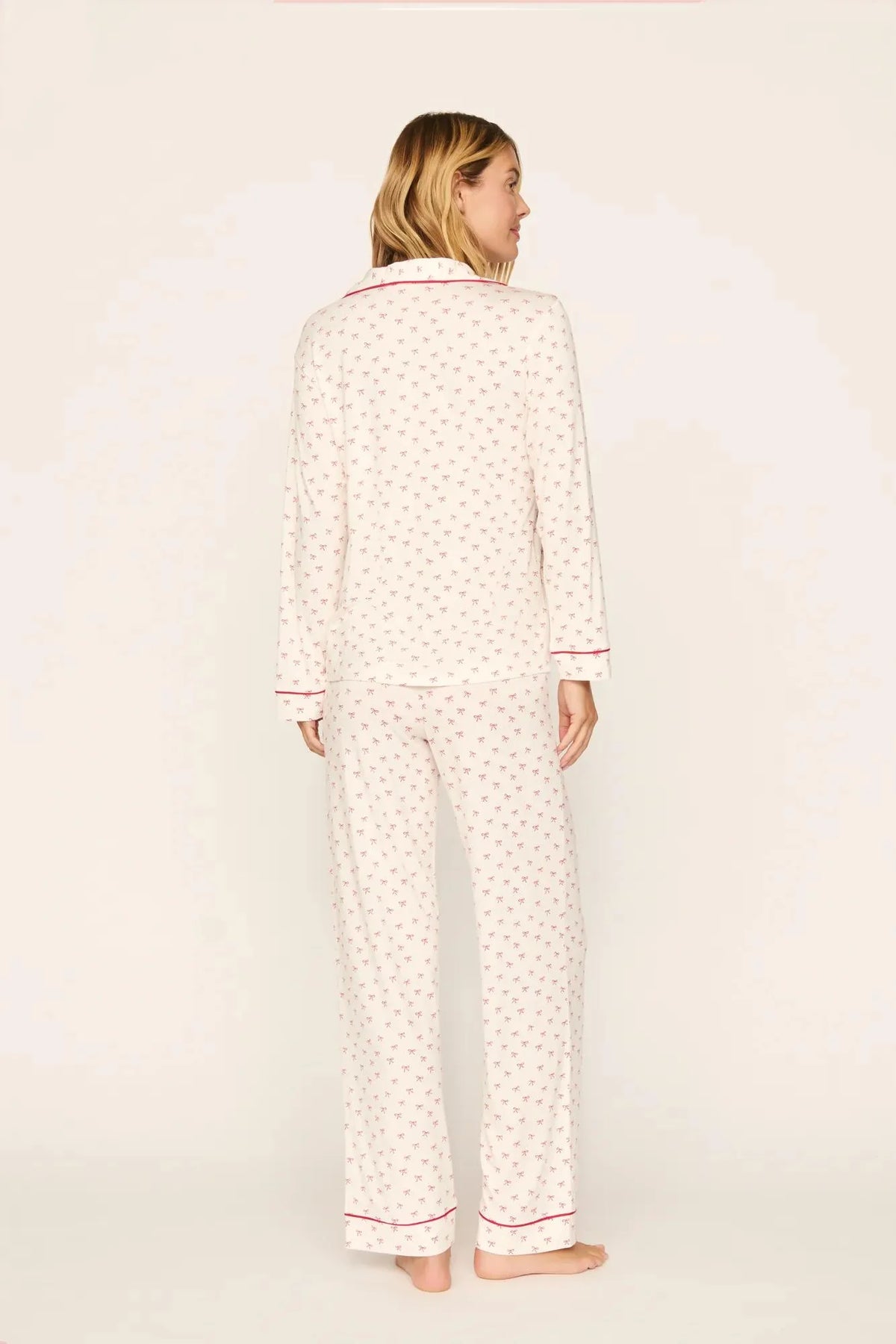 Eberjey Gisele Printed Long PJ Set - Mini Bow Ivory/ Holly Red