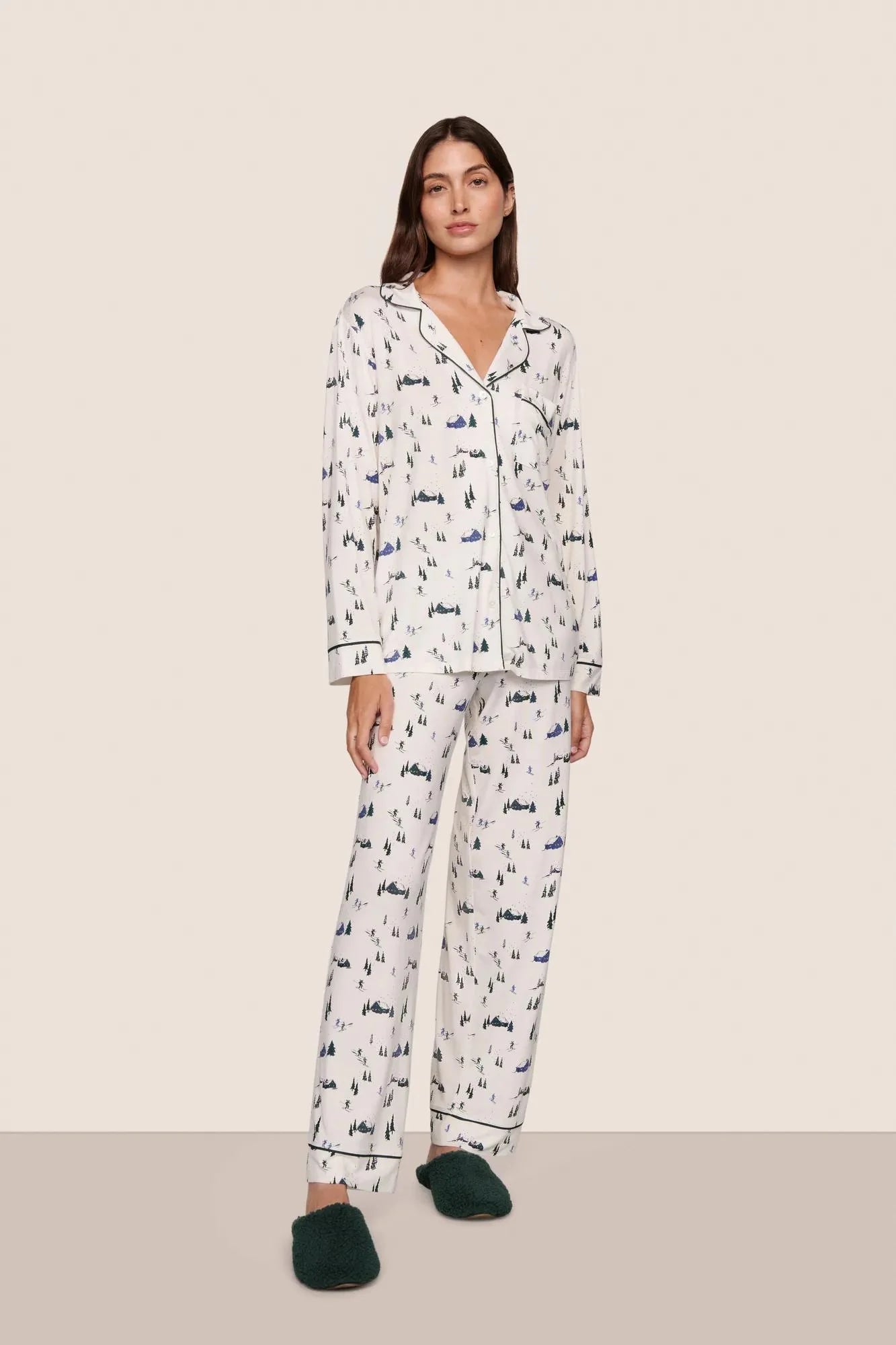 Eberjey Gisele Printed Long PJ Set - Ski Chalet Ivory/Pine