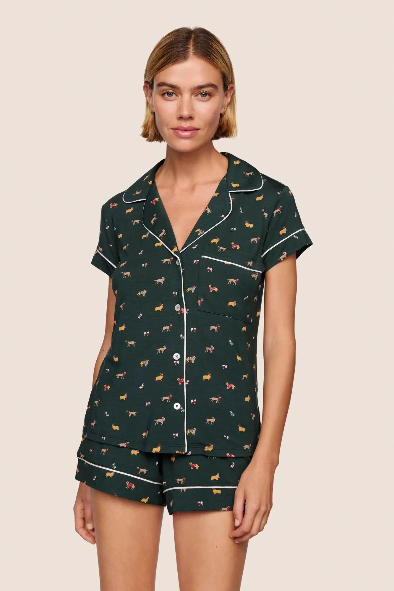 Eberjey Gisele Printed Shortie PJ Set - Holiday Dogs Pine/Ivory