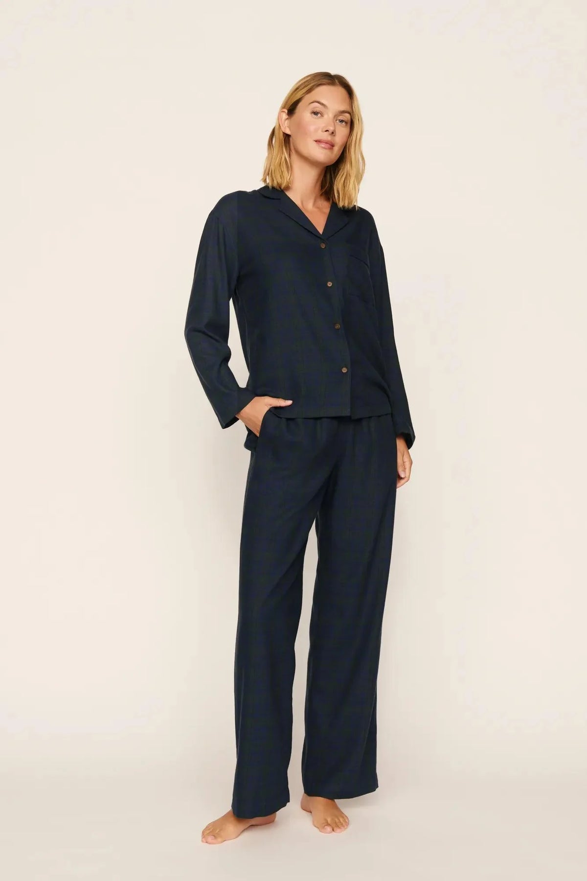 Eberjey Flannel Long PJ Set - Heritage Check Navy/ Navy
