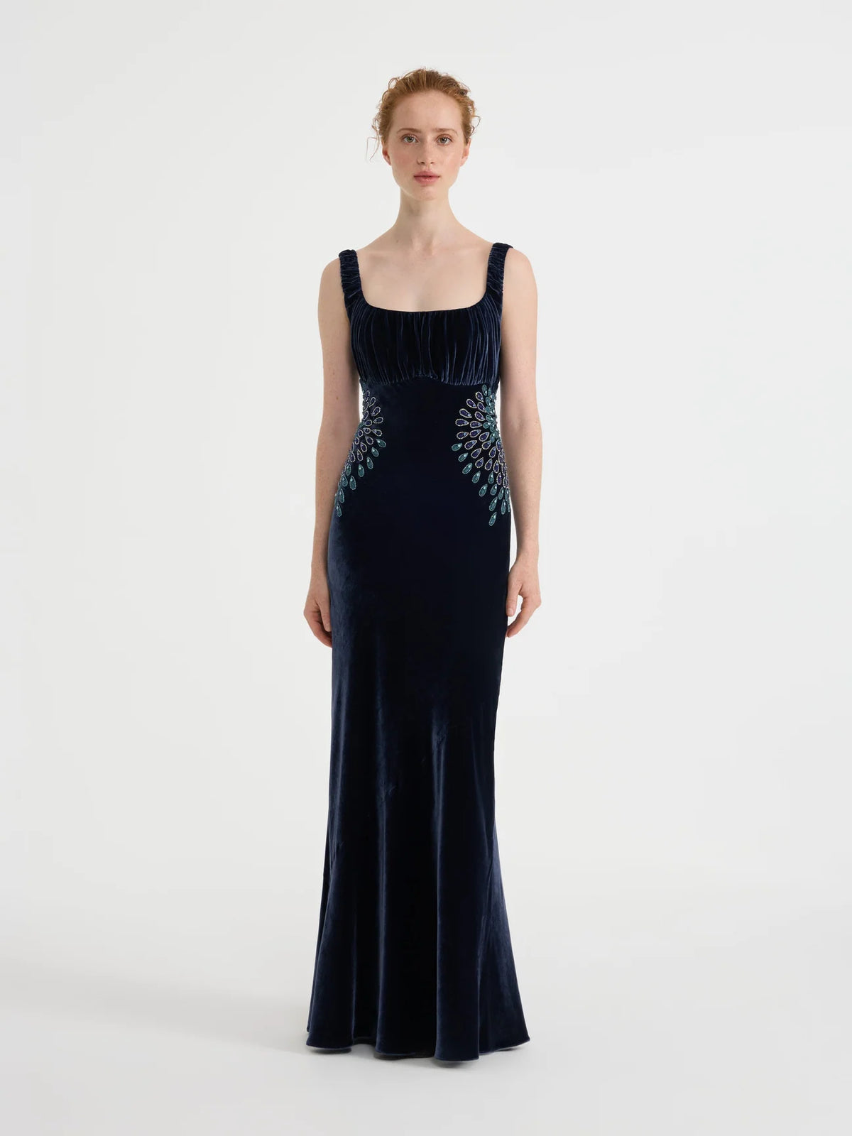 Saloni Chantal Long B Dress - Dark Navy Rays Embroidery