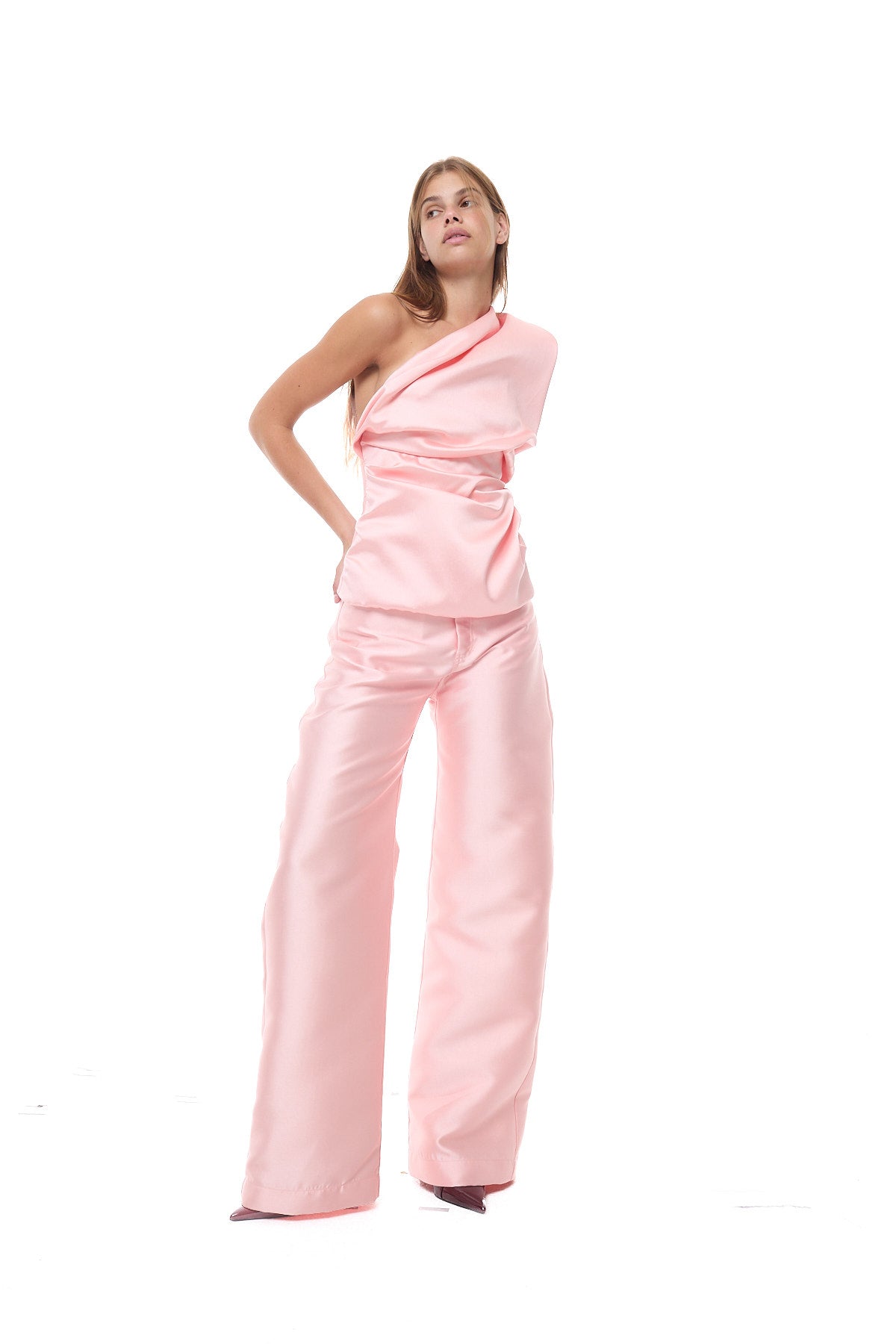 HEAVY SATIN DRAPED TOP WITH ASYMMETRIC NECKLINE