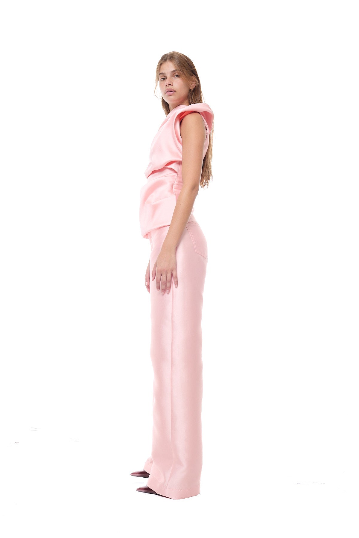 HEAVY SATIN DRAPED TOP WITH ASYMMETRIC NECKLINE