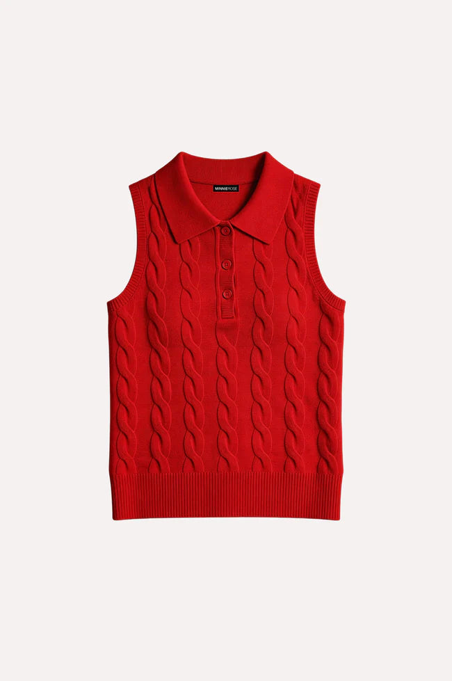 Minnie Rose Sleeveless Cable Polo - Cranberry