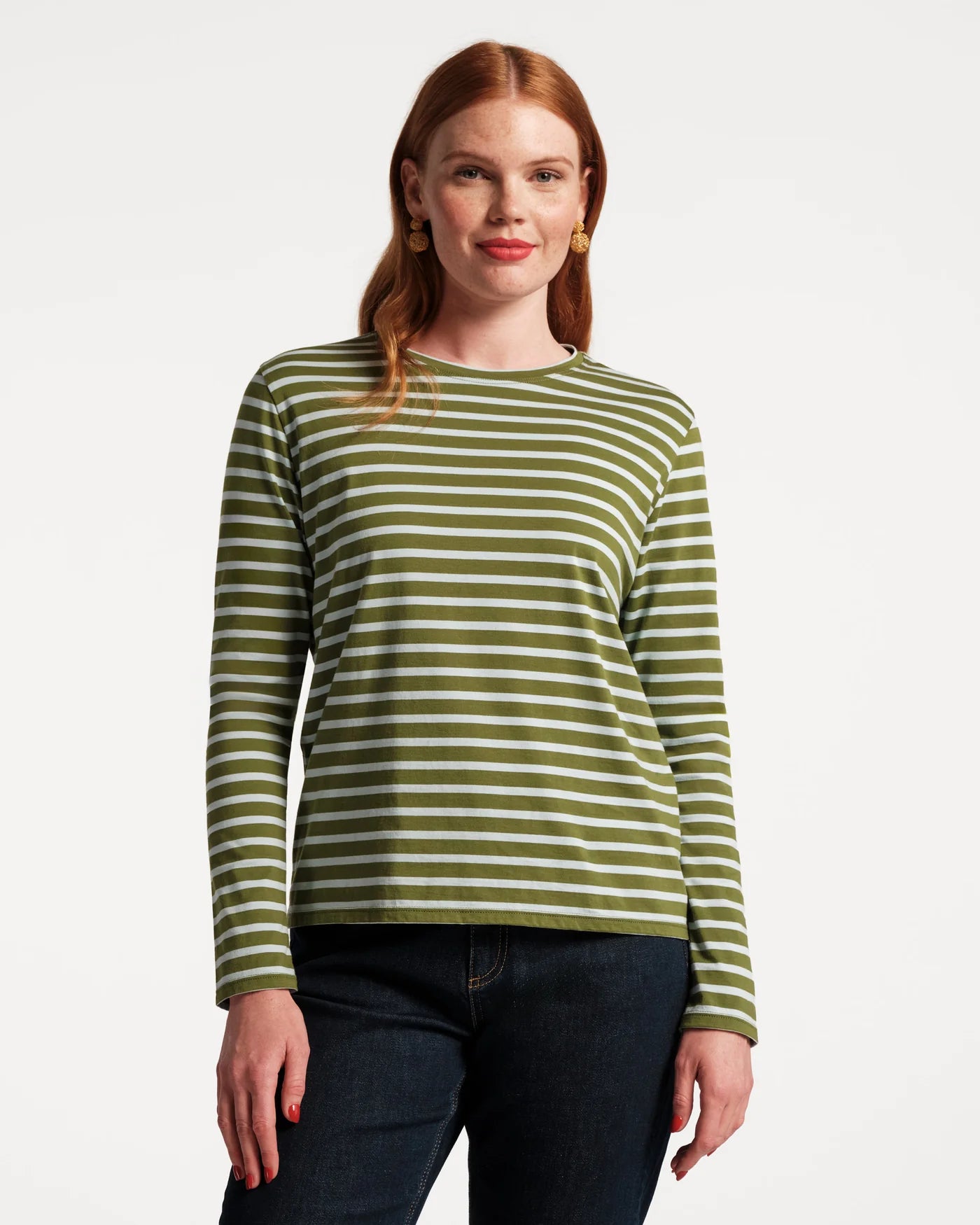 Frances Valentine Long Sleeve Striped T Shirt - Olive/Light Blue