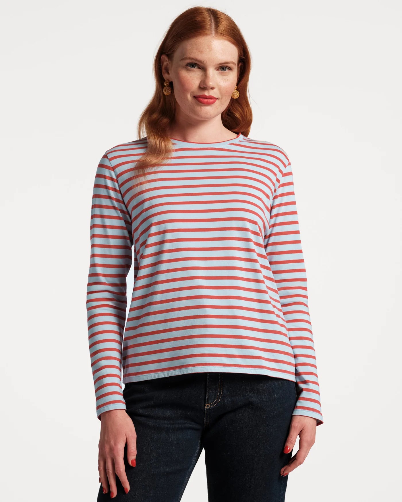 Frances Valentine Long Sleeve Striped T Shirt - Light Blue/Red