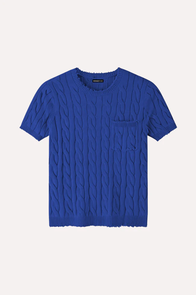 Minnie Rose Frayed Cable S/S Tee w/ Pocket - Cosmic Blue