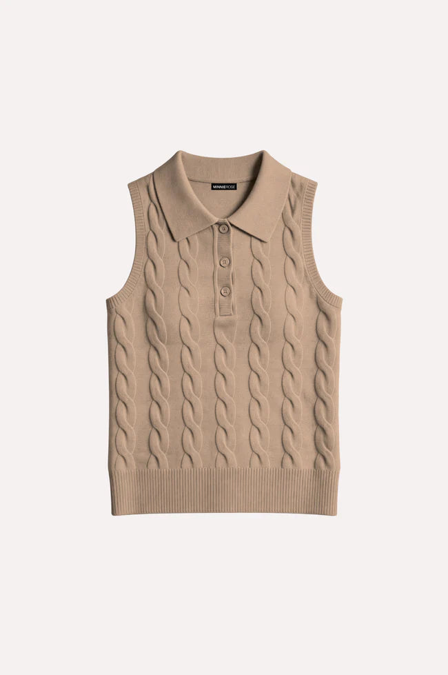 Minnie Rose Sleeveless Cable Polo - Brown Sugar