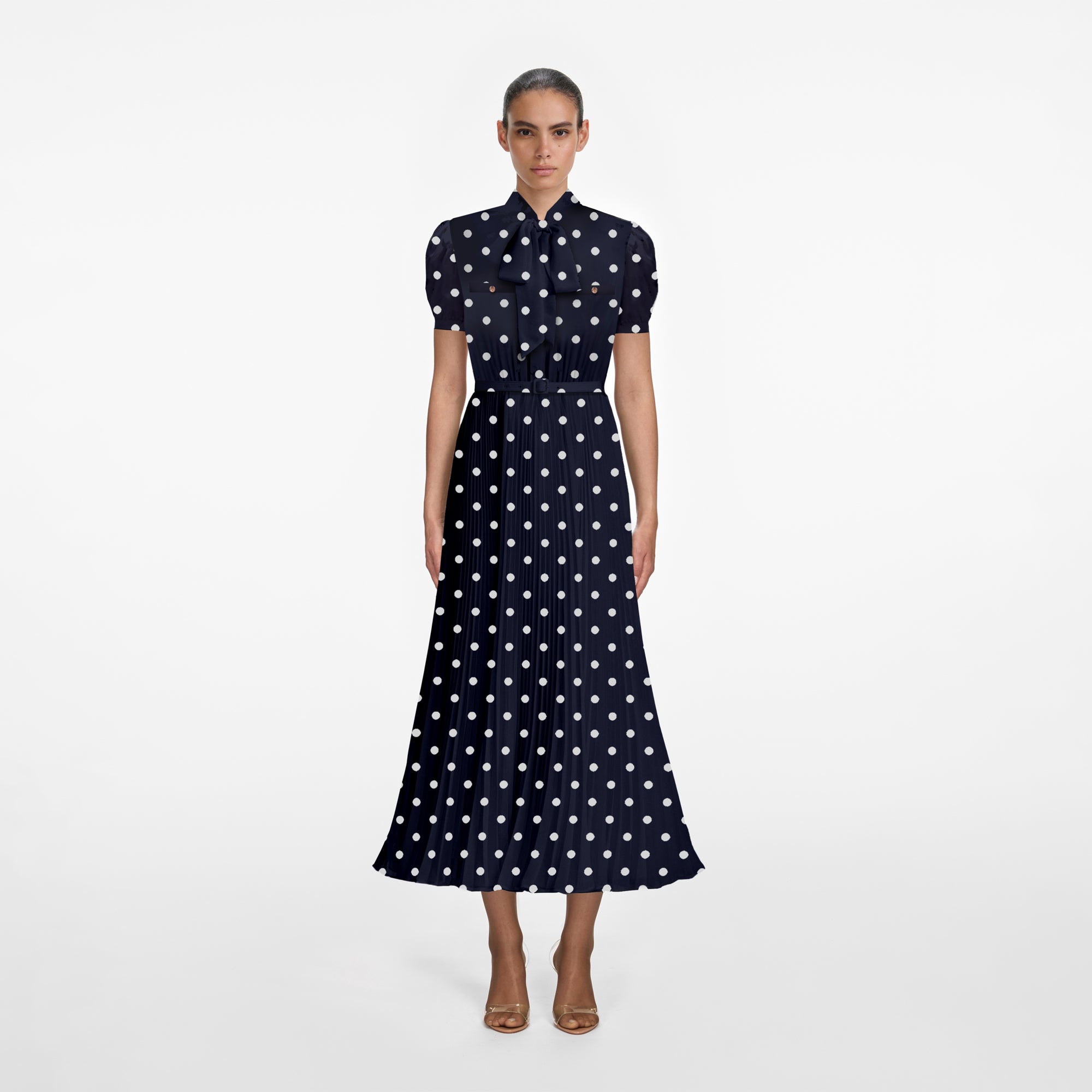 Self Portrait Navy Polka Dot Satin Midi Dress