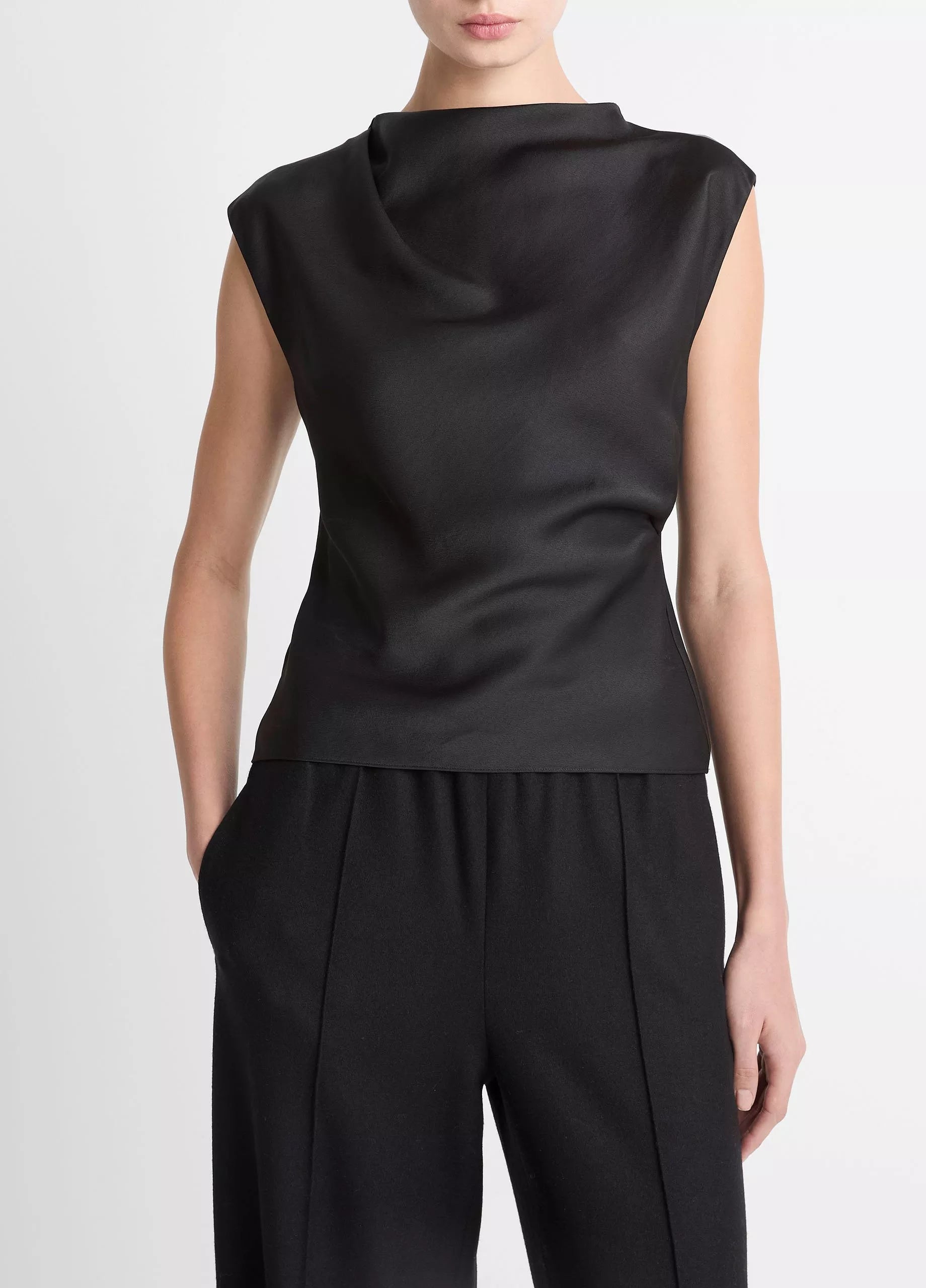 Vince Satin Draped Cowl-Neck Top - Black