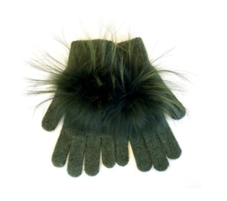 Linda Richards Pom Pom Angora Gloves - OIive Green