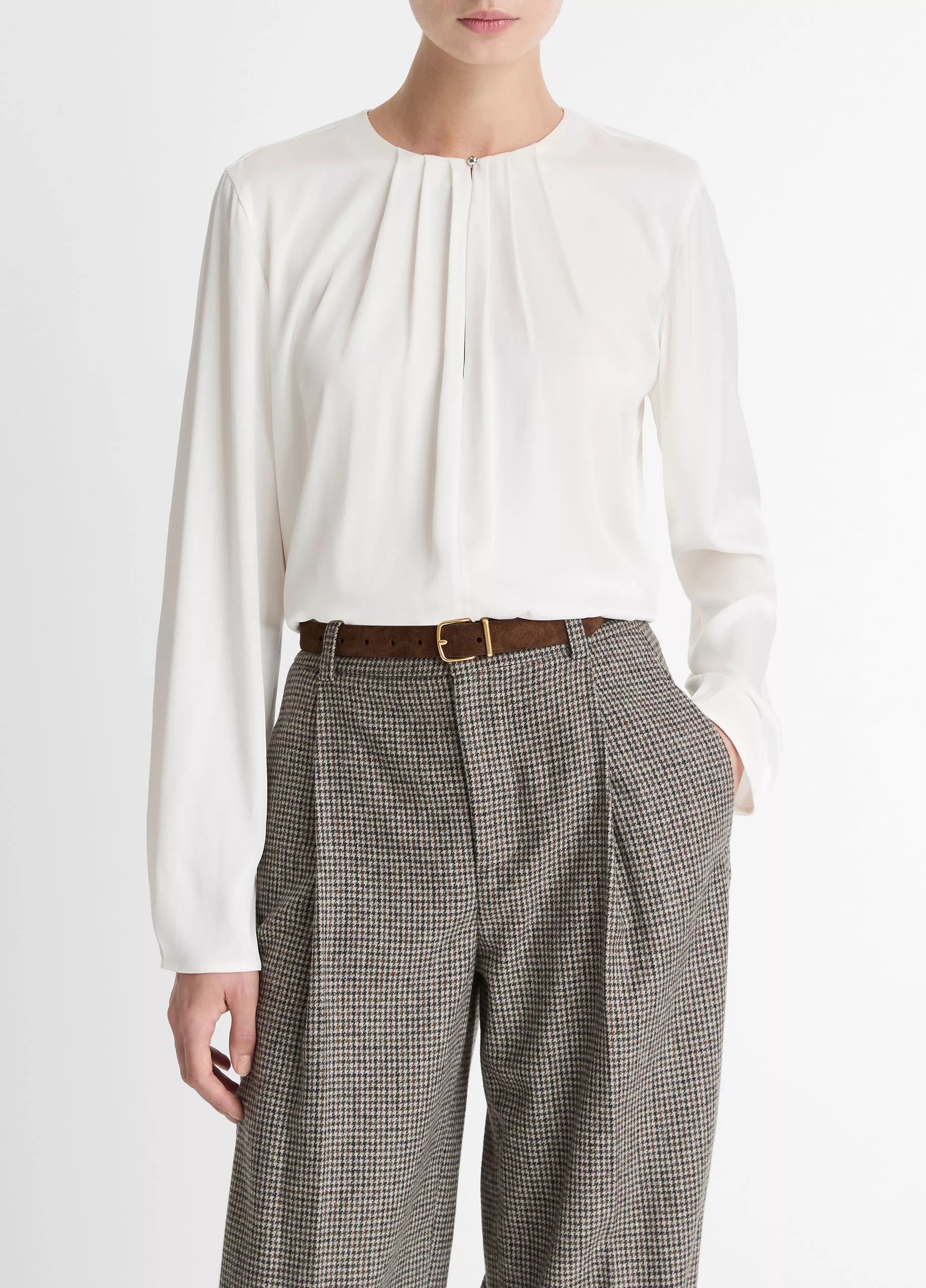 Vince Silk-Blend Pleated-Neck Blouse