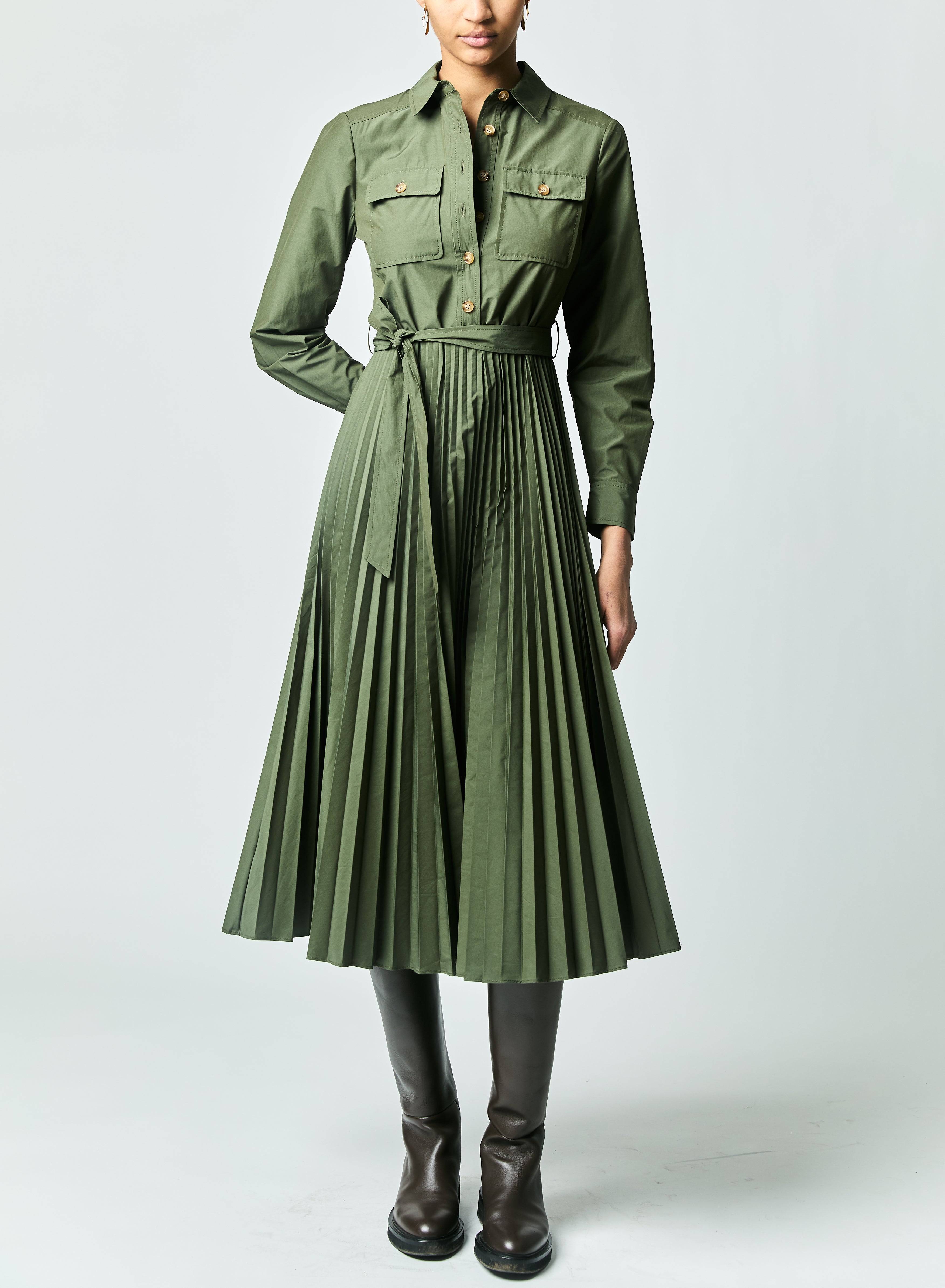 KENZA COTTON POLY POPLIN PLEATED SHIRT DRESS