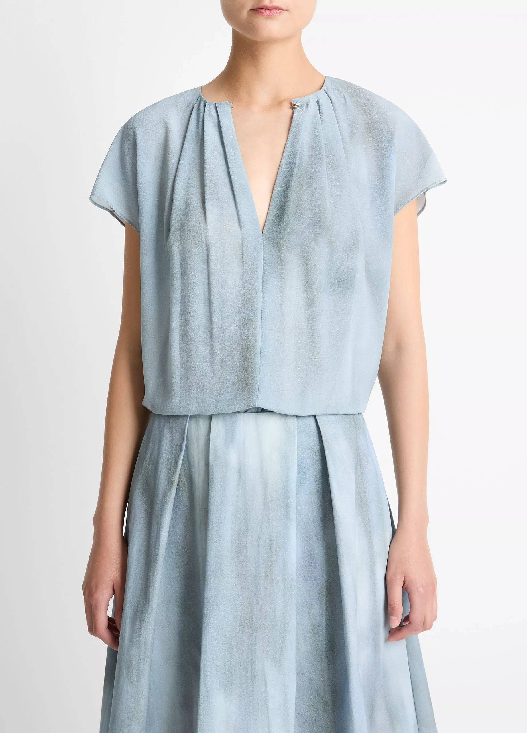 Vince Washed Ombré Silk Gathered Cap-Sleeve Blouse