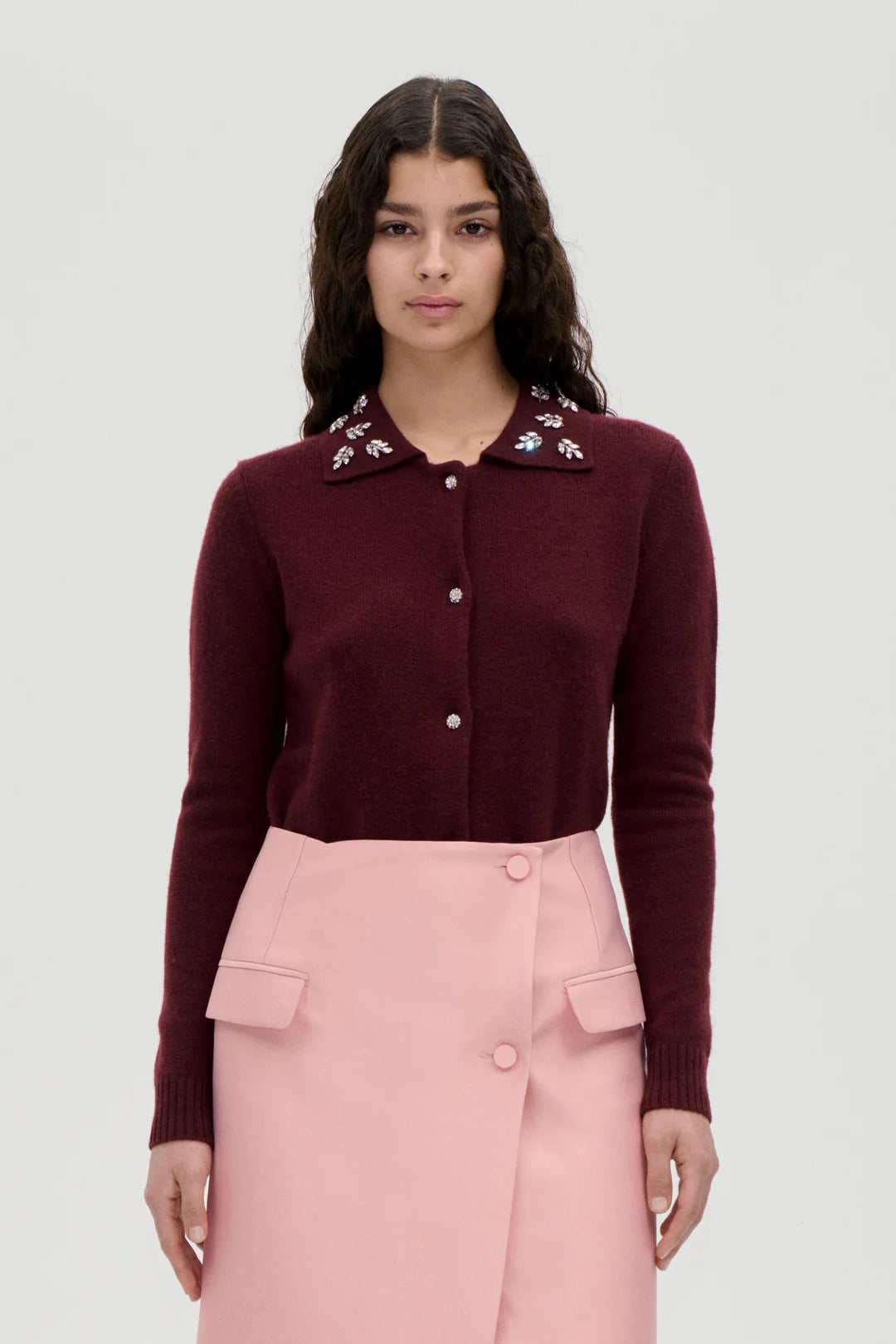 Stine Goya Wide Collar Long Sleeve Cardigan - Bordeaux