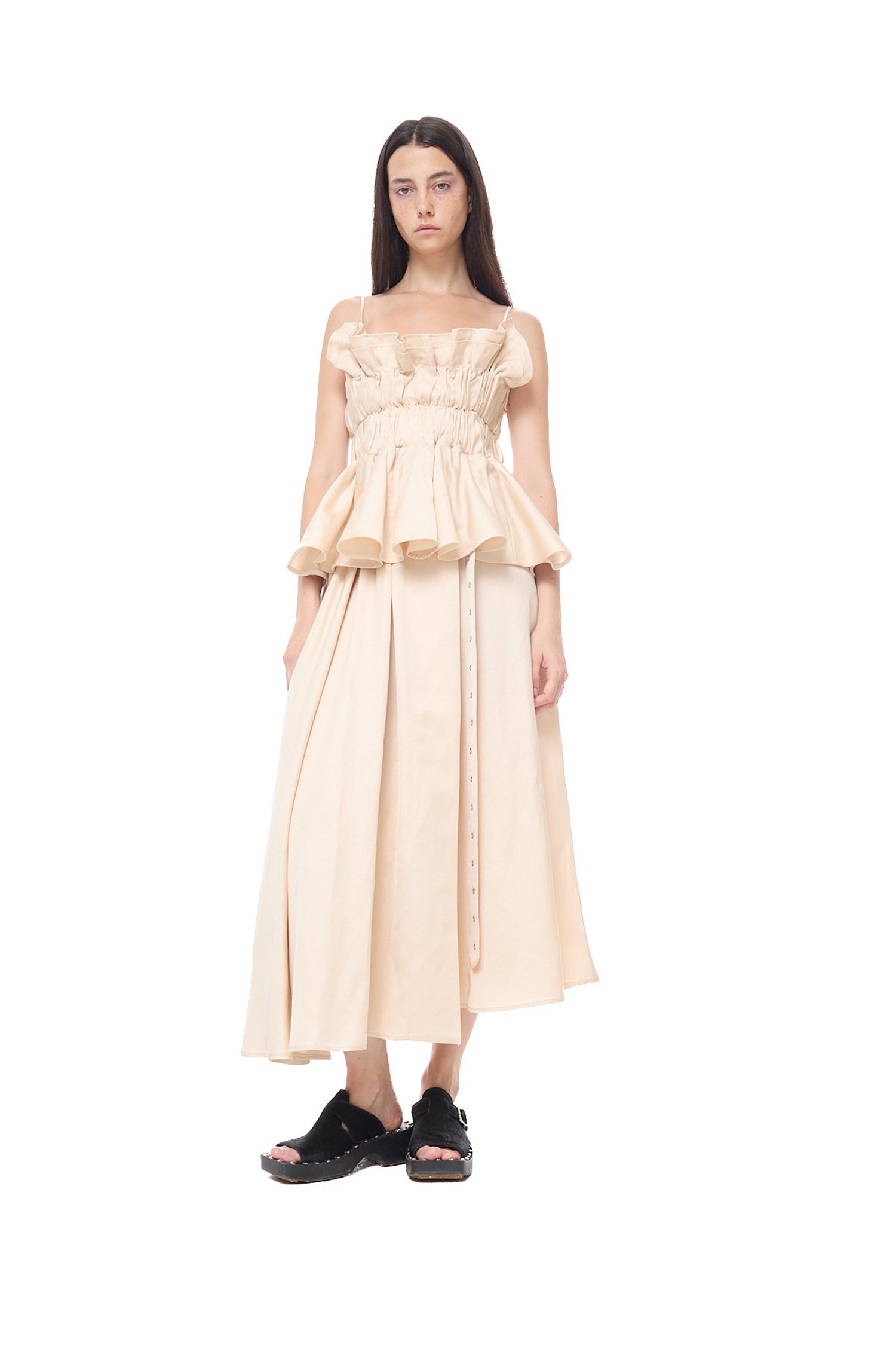 SATIN LINEN GATHERED WRAP MIDI SKIRT